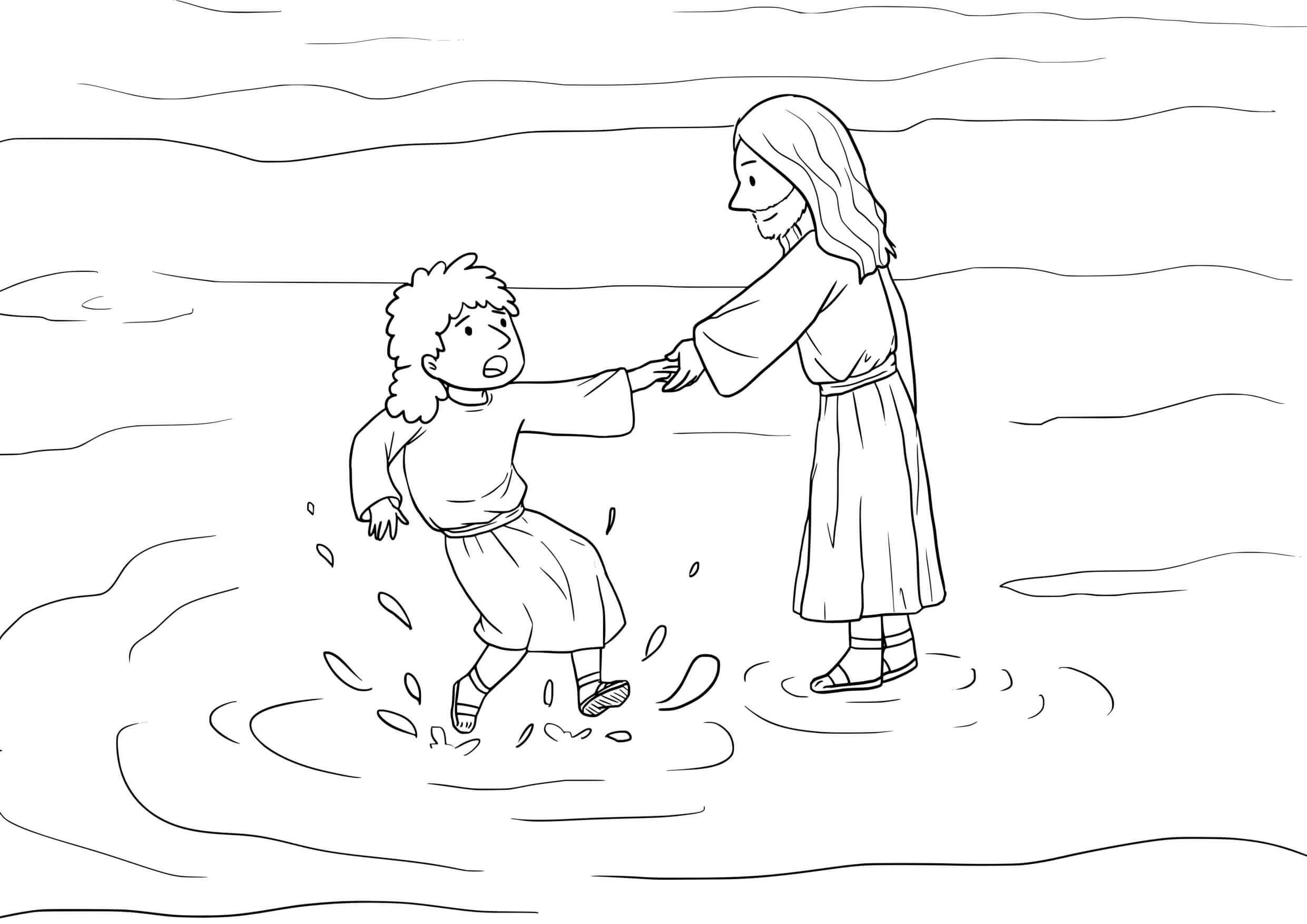 Coloriage Miracle du Seigneur sur les flots déchaînés - Jésus à imprimer