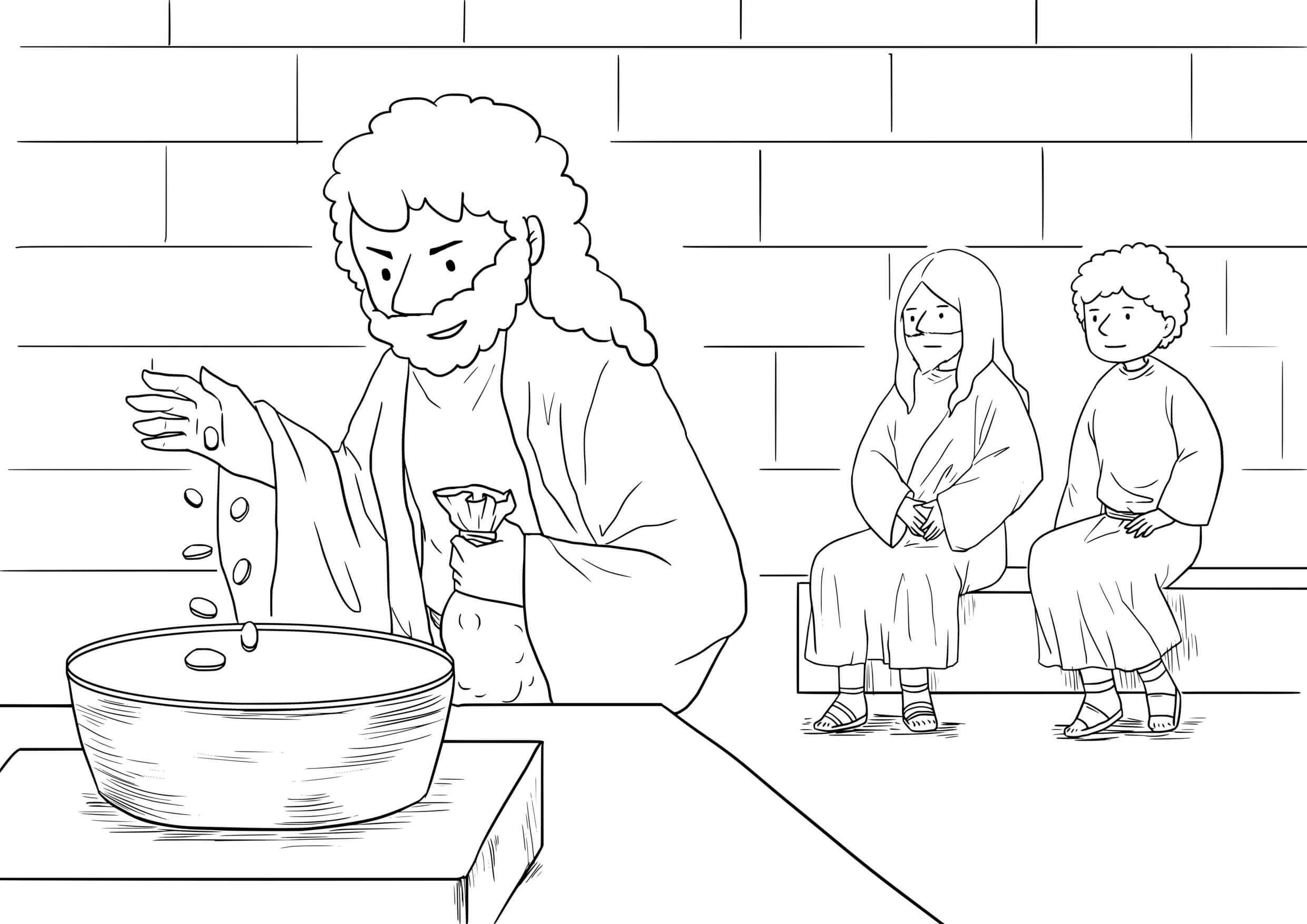 Coloriage La veuve et son obole - Générosité du cœur - Jésus à imprimer