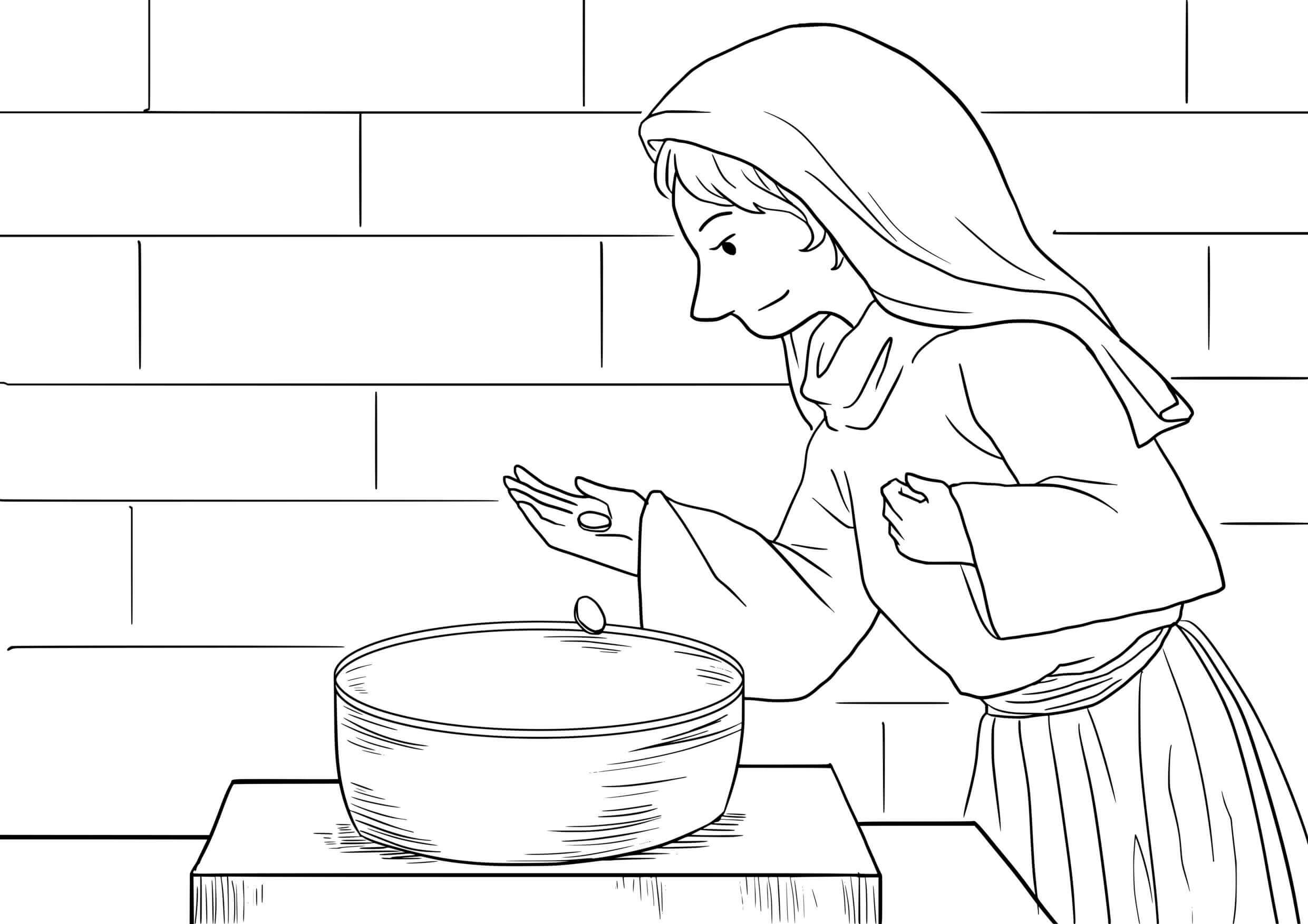 Coloriage La Veuve et son offrande au temple sacré - Jésus à imprimer
