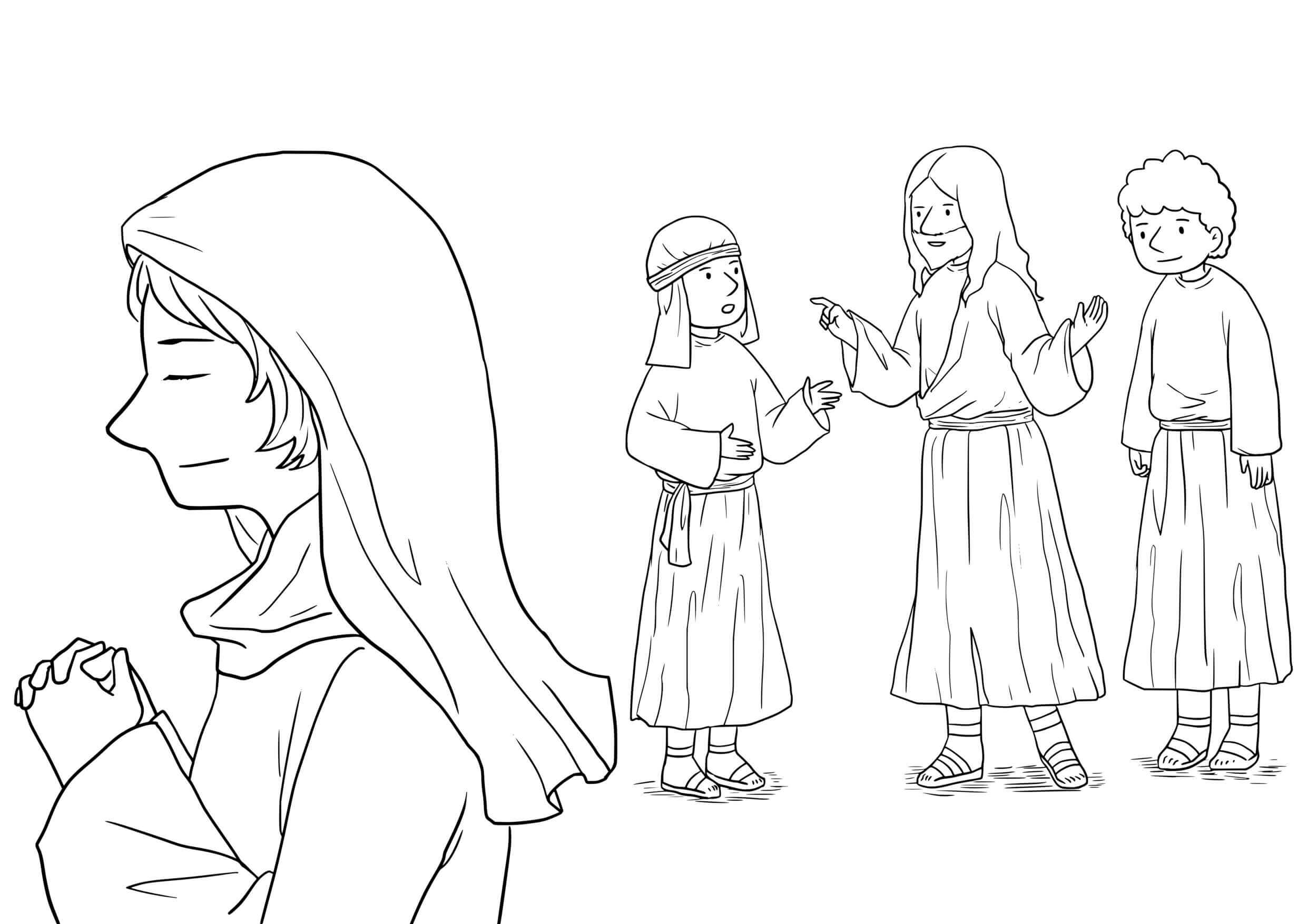 Coloriage Scène biblique de charité et de foi - Jésus à imprimer