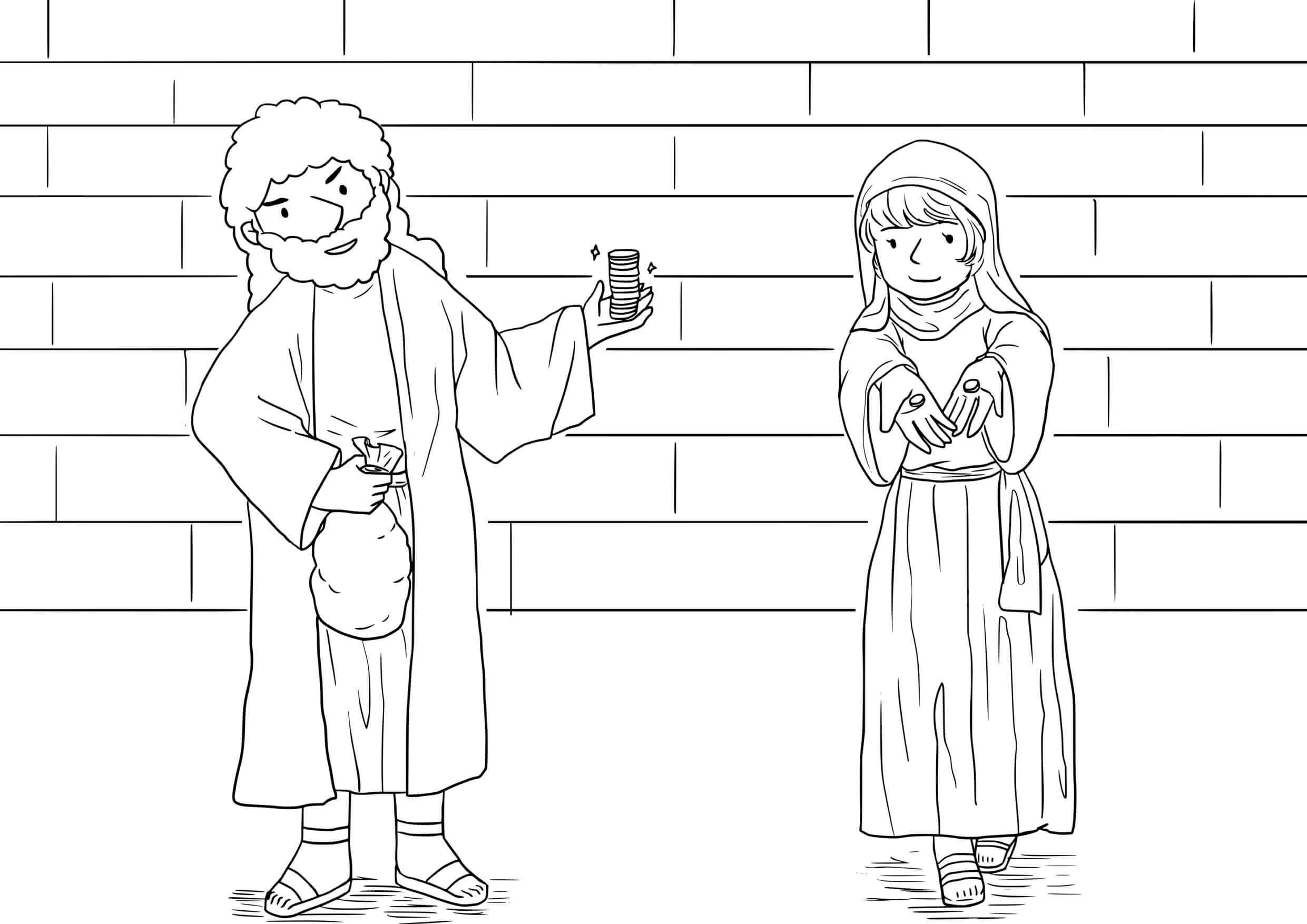 Coloriage Leçon de générosité au temple antique - Jésus à imprimer