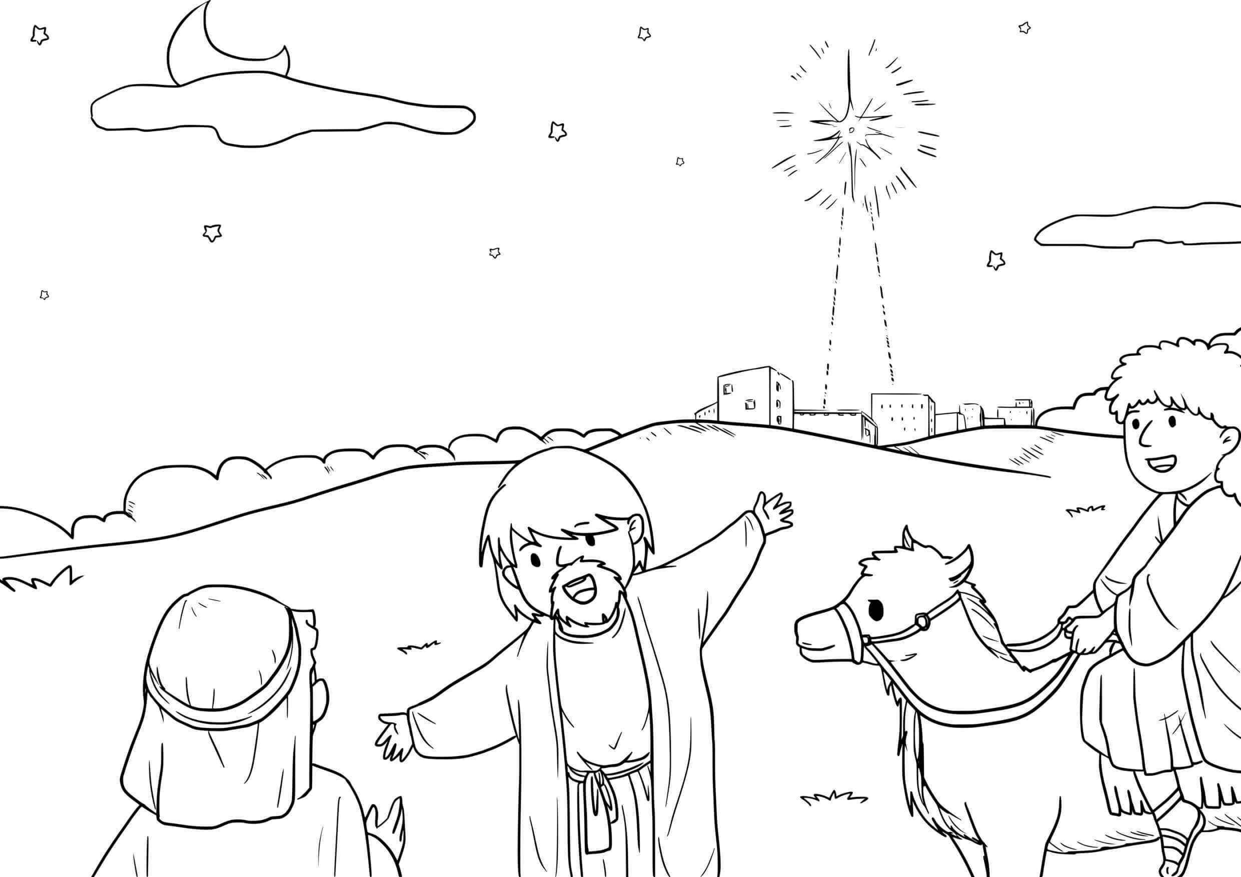 Coloriage Les Trois Mages en route vers Bethléem - Jésus à imprimer