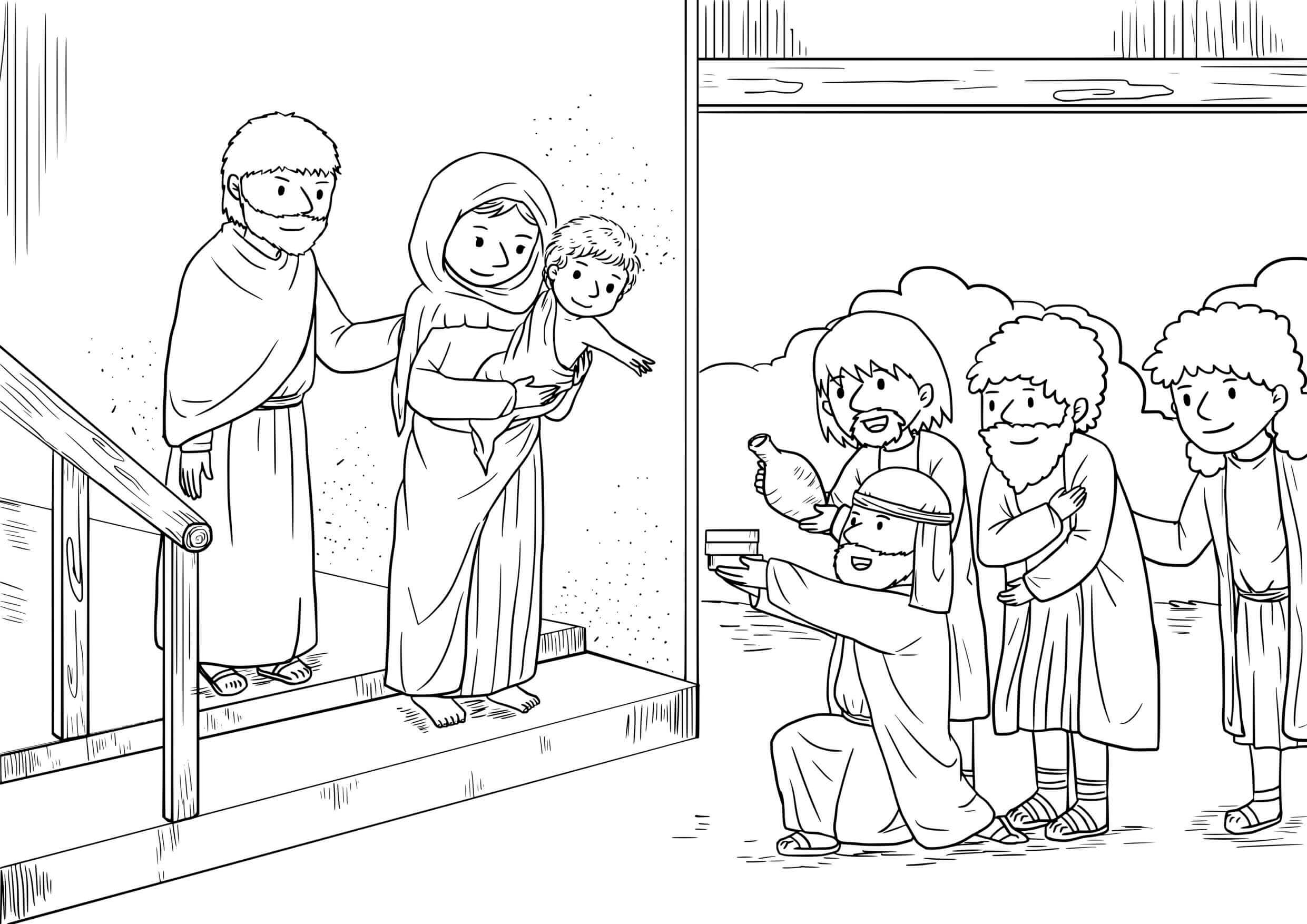 Coloriage Les Rois Mages suivant l'étoile de Noël - Jésus à imprimer