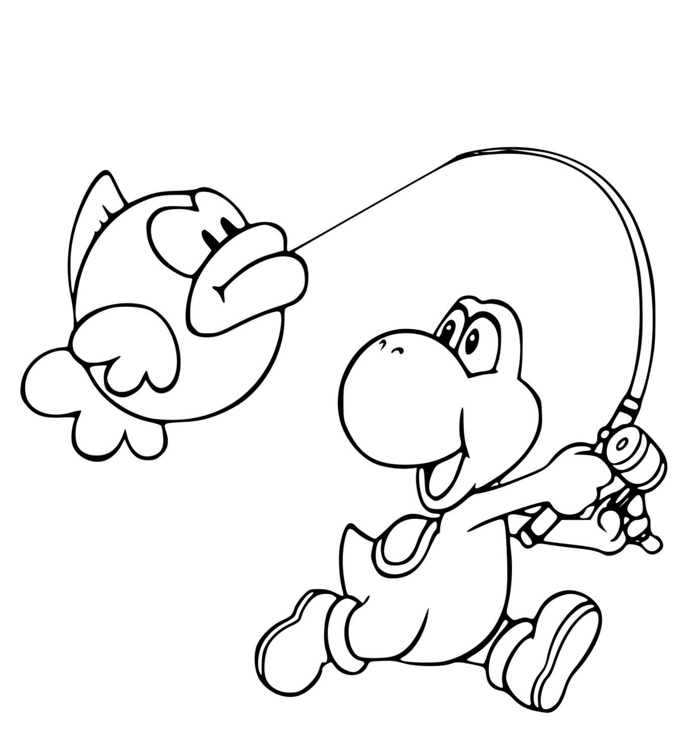 Coloriage Yoshi Pêche Un Gros Poisson - Yoshi à imprimer