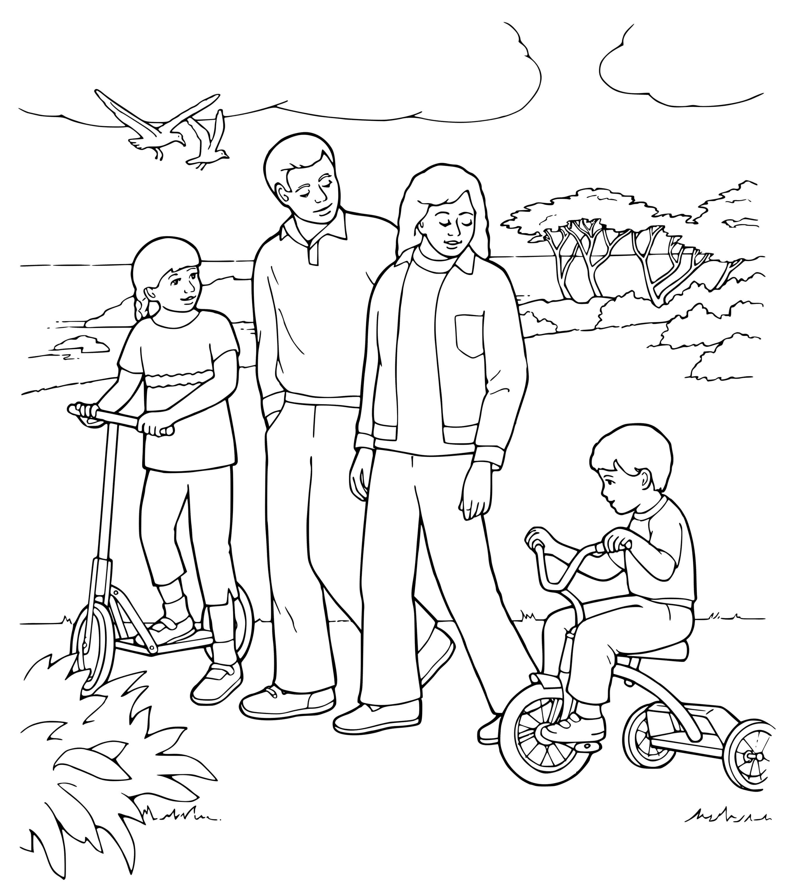Coloriage Activite De Famille Au Parc Vélo - Famille à imprimer