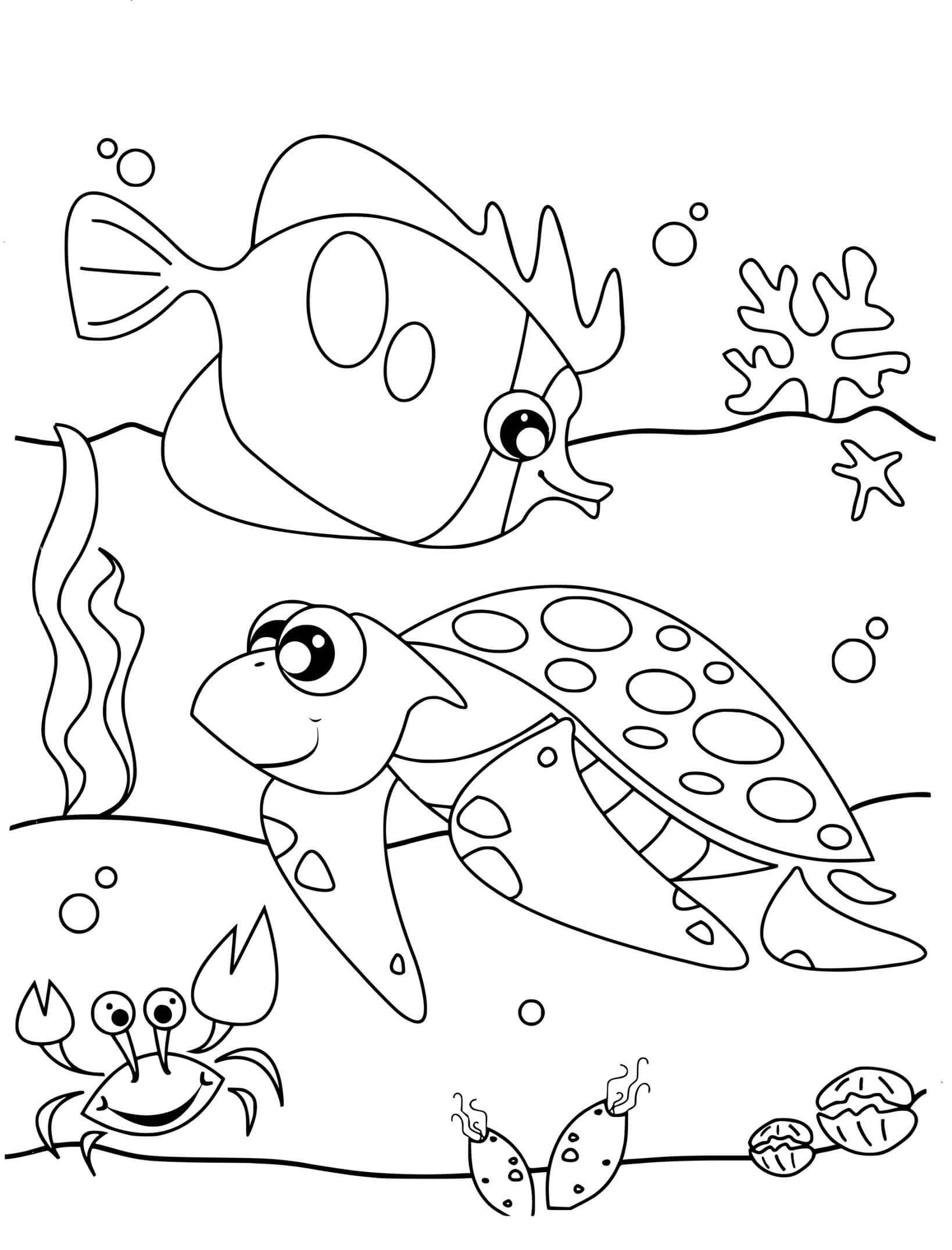 Coloriage Adorable Animal De Mer Tortue - Animaux de la mer à imprimer