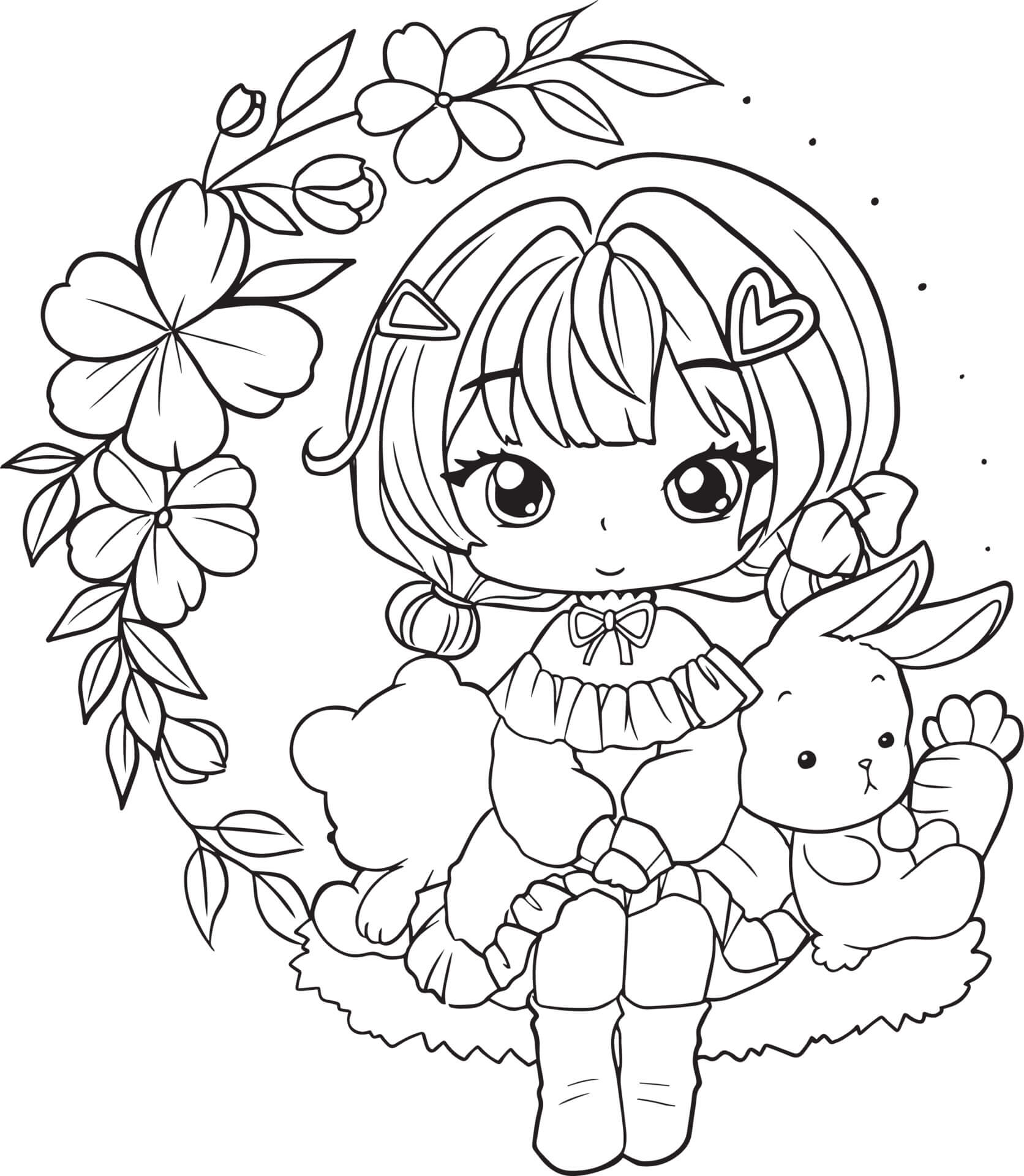 Coloriage Adorable Fille Manga Avec Un Lapin - Fille à imprimer