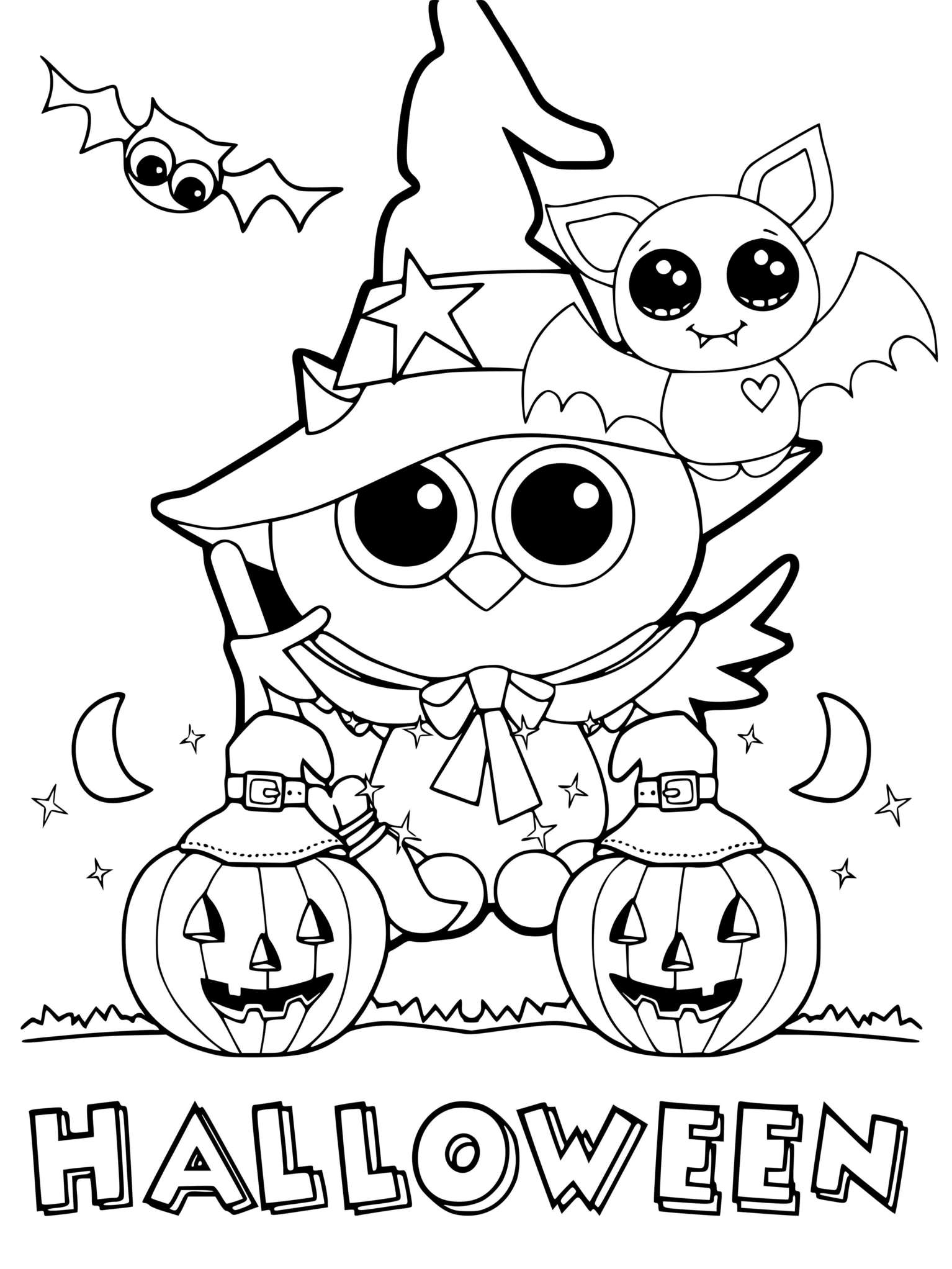 Coloriage Adorable Hibou En Sorcière Et Des Citrouilles - Halloween à imprimer