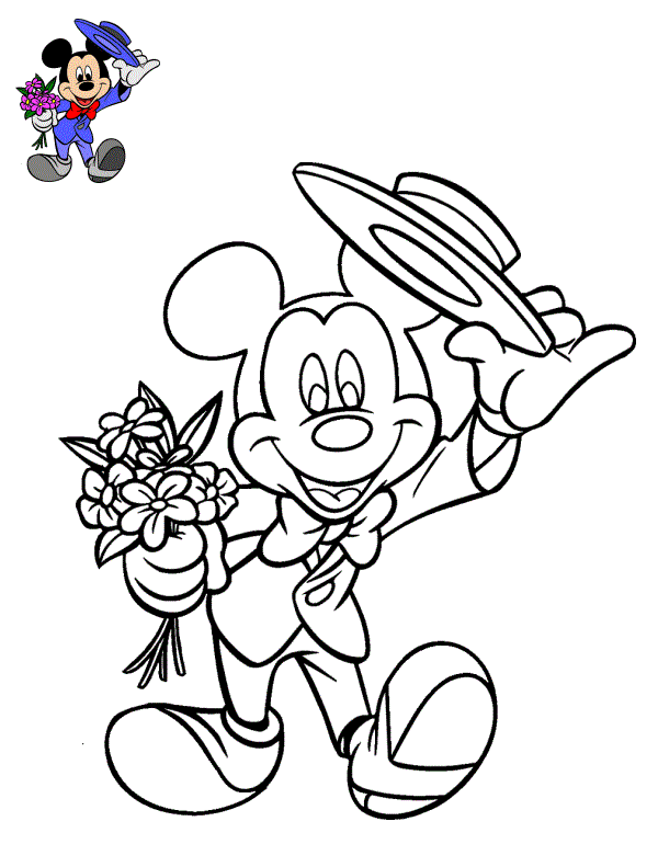 Coloriage Adorable Mickey Mouse Avec Costume Et Fleurs - Mickey à imprimer