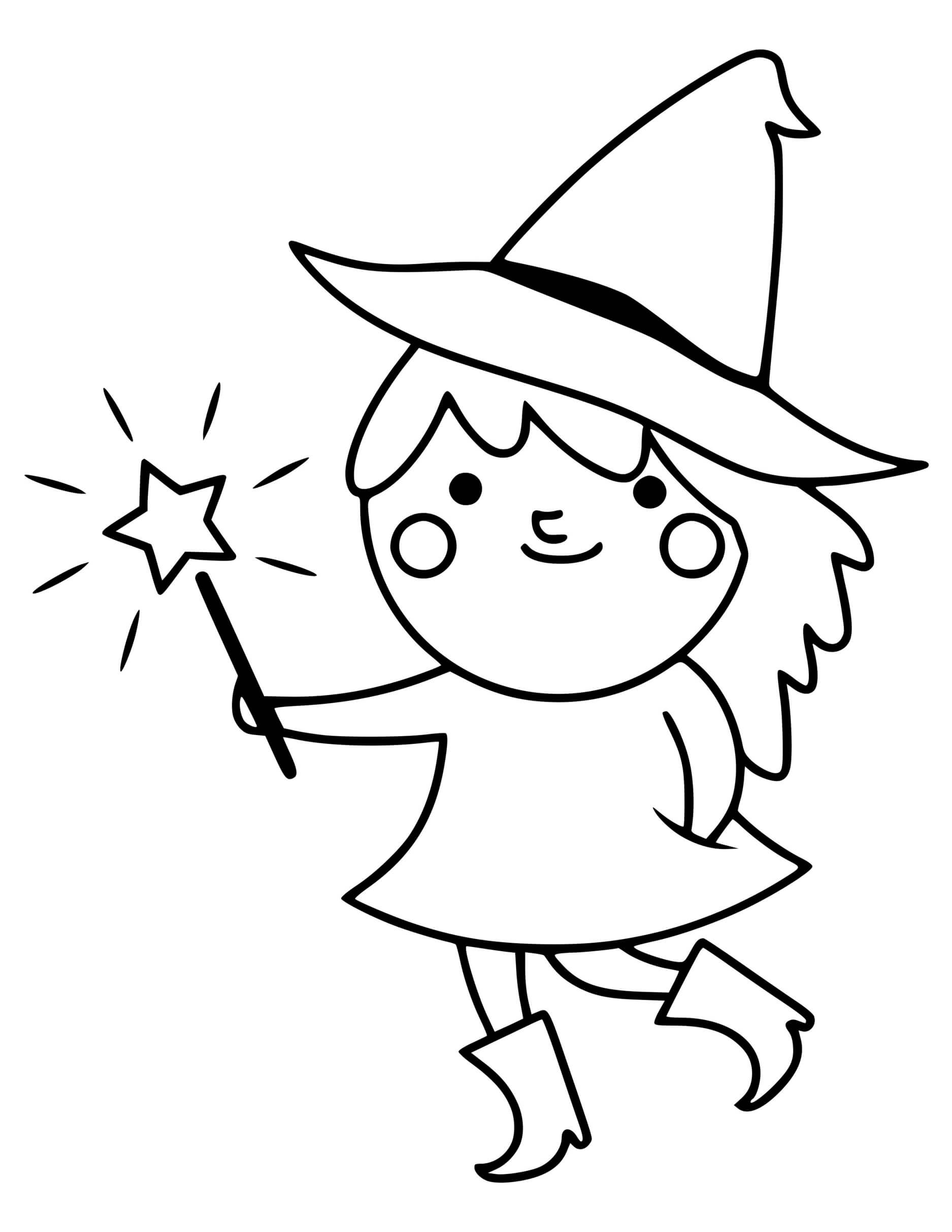 Coloriage Adorable Sorcière Avec Baguette Magique - Halloween sorciere à imprimer