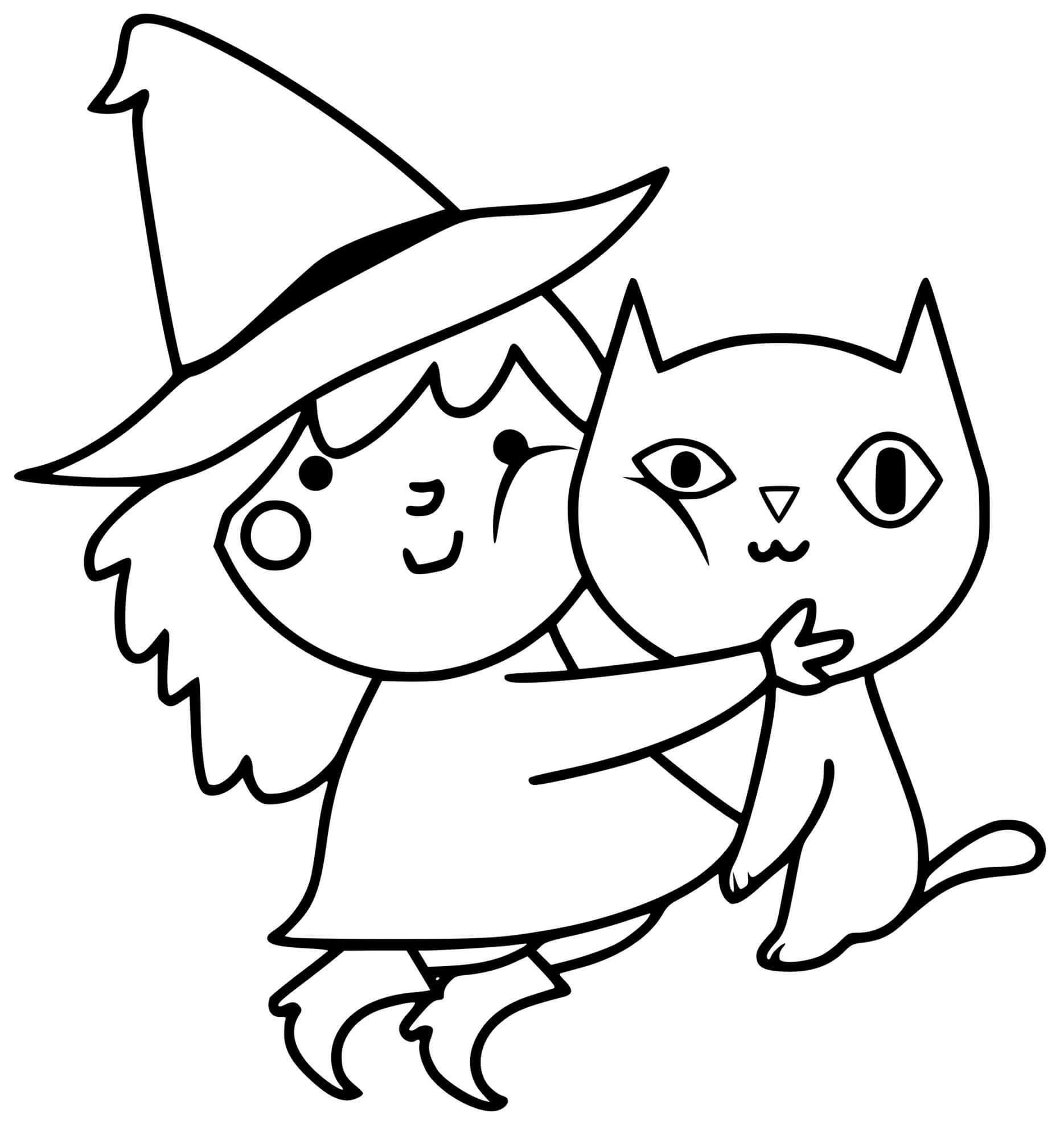 Coloriage Adorable Sorcière Avec Son Chat Noir - Halloween sorciere à imprimer