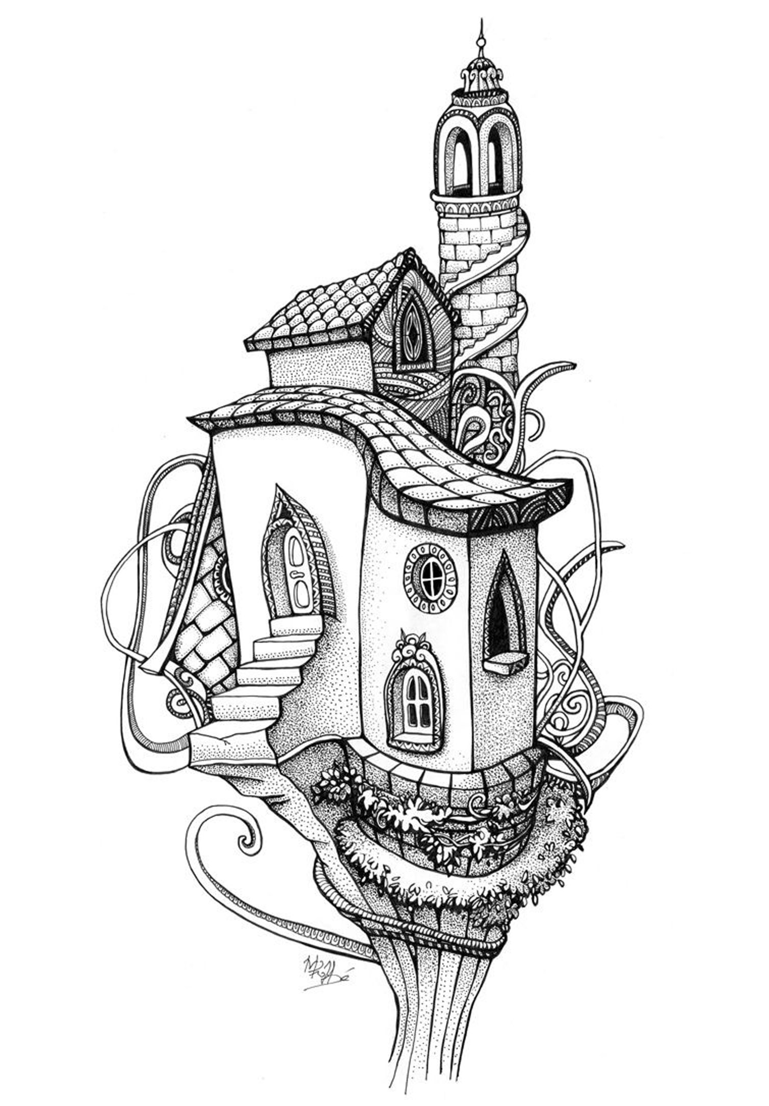 Coloriage Adulte Architecture Maison Arbre - Arbre à imprimer