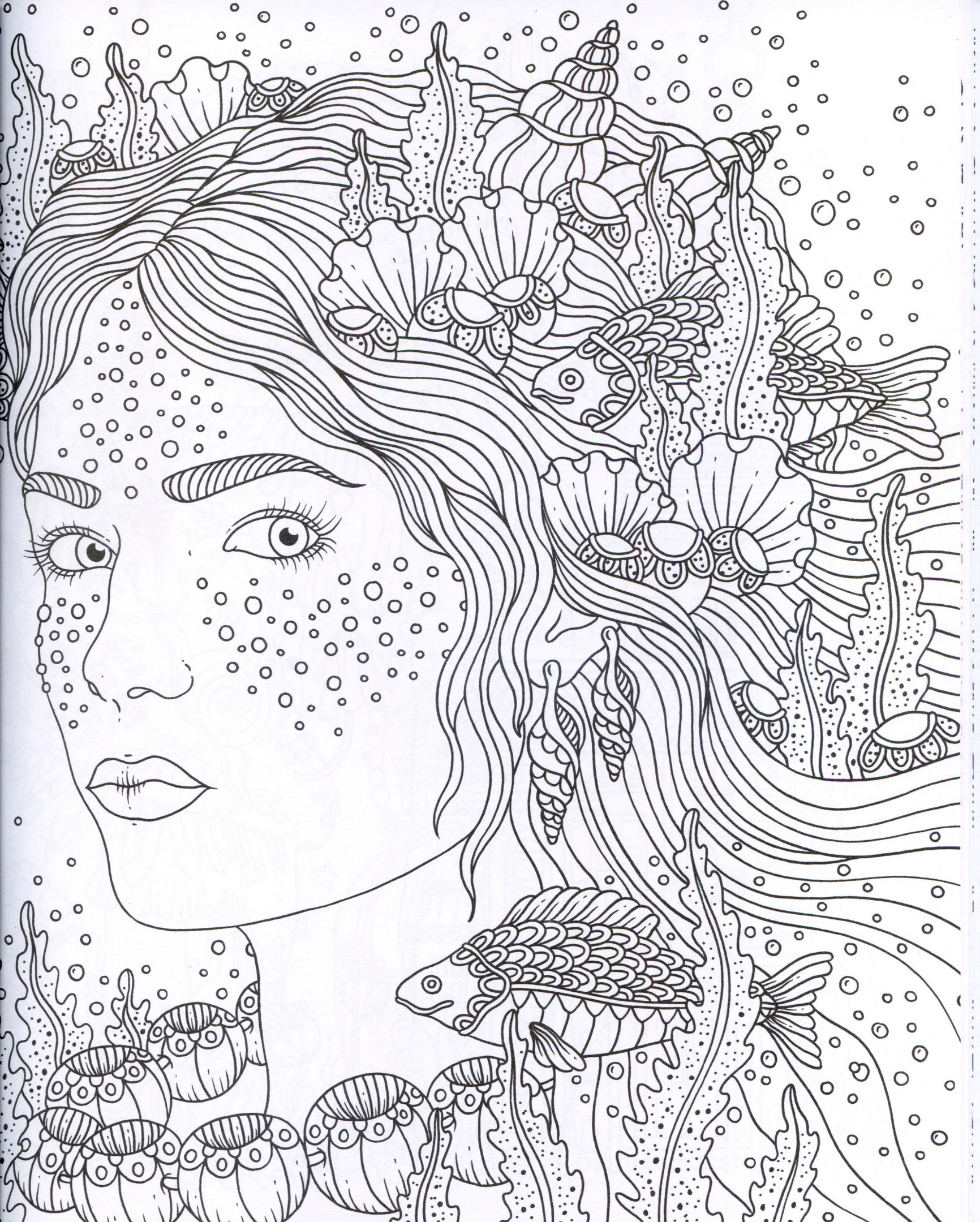 Coloriage Adulte Complexe Femme Ocean Poisson - Adulte à imprimer