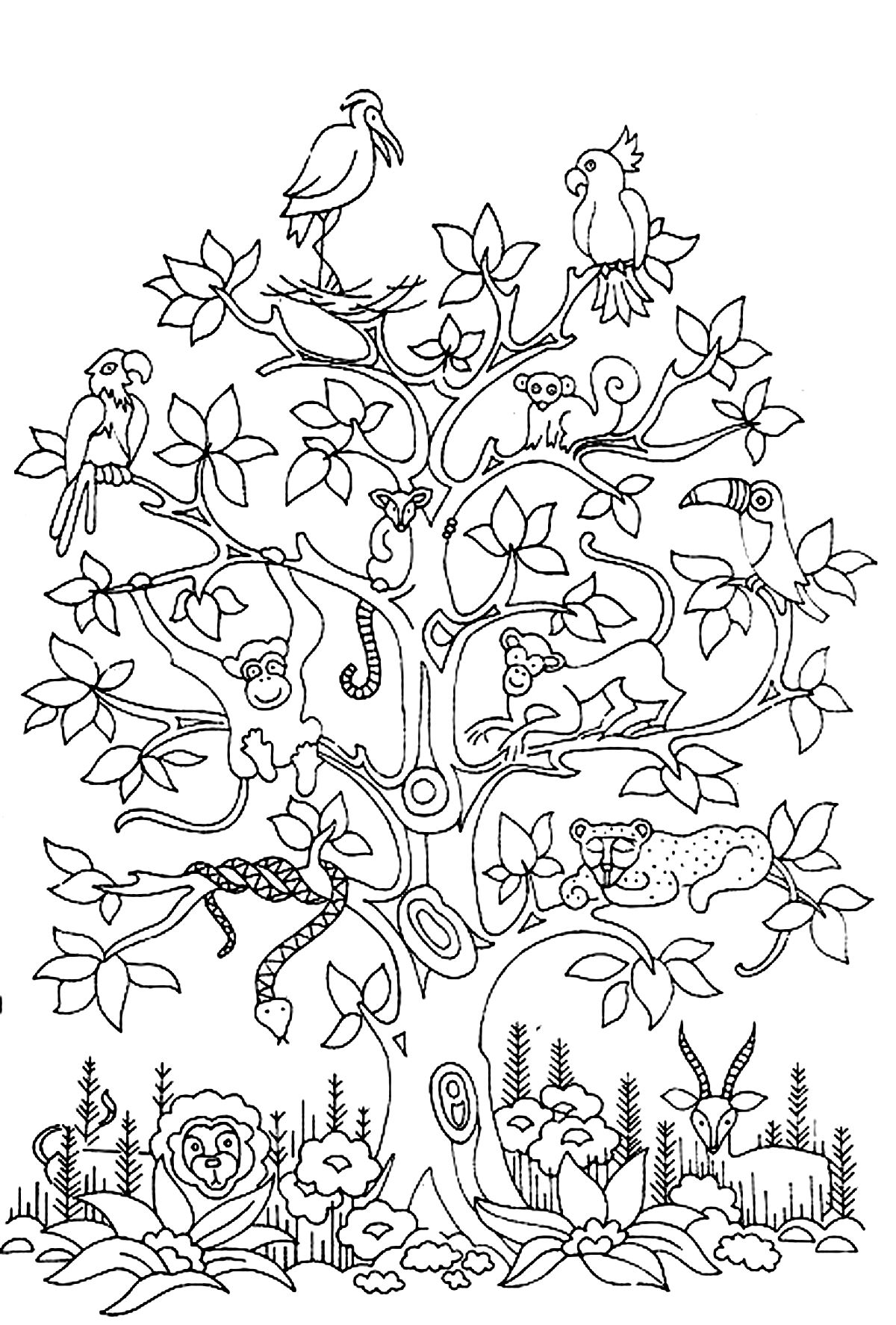 Coloriage Adulte Difficile Arbre Oiseaux Serpents Singes - Arbre à imprimer