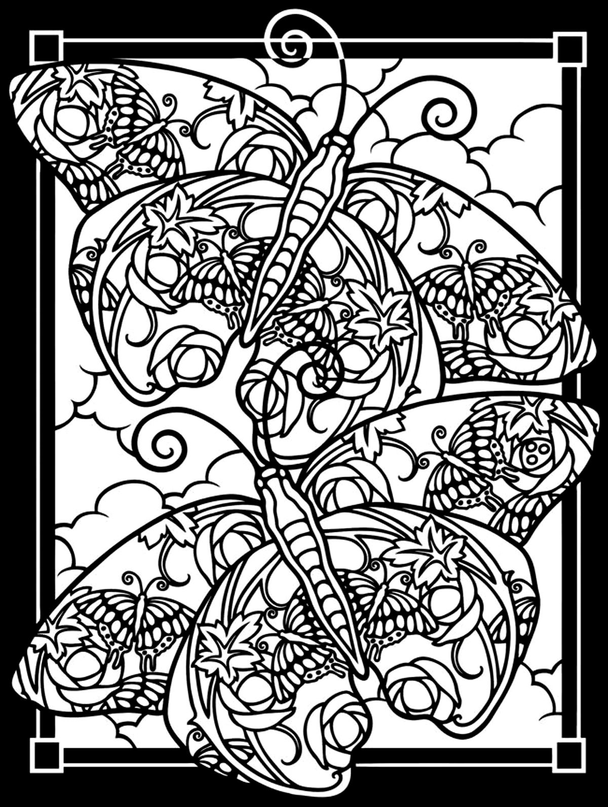 Coloriage Adulte Difficile Deux Papillons Fond Noir - Papillon à imprimer