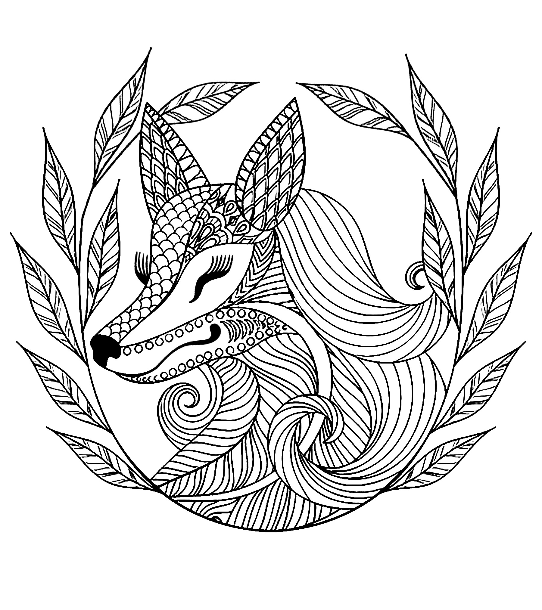 Coloriage Adulte Difficile Renard Et Feuilles - Renard à imprimer
