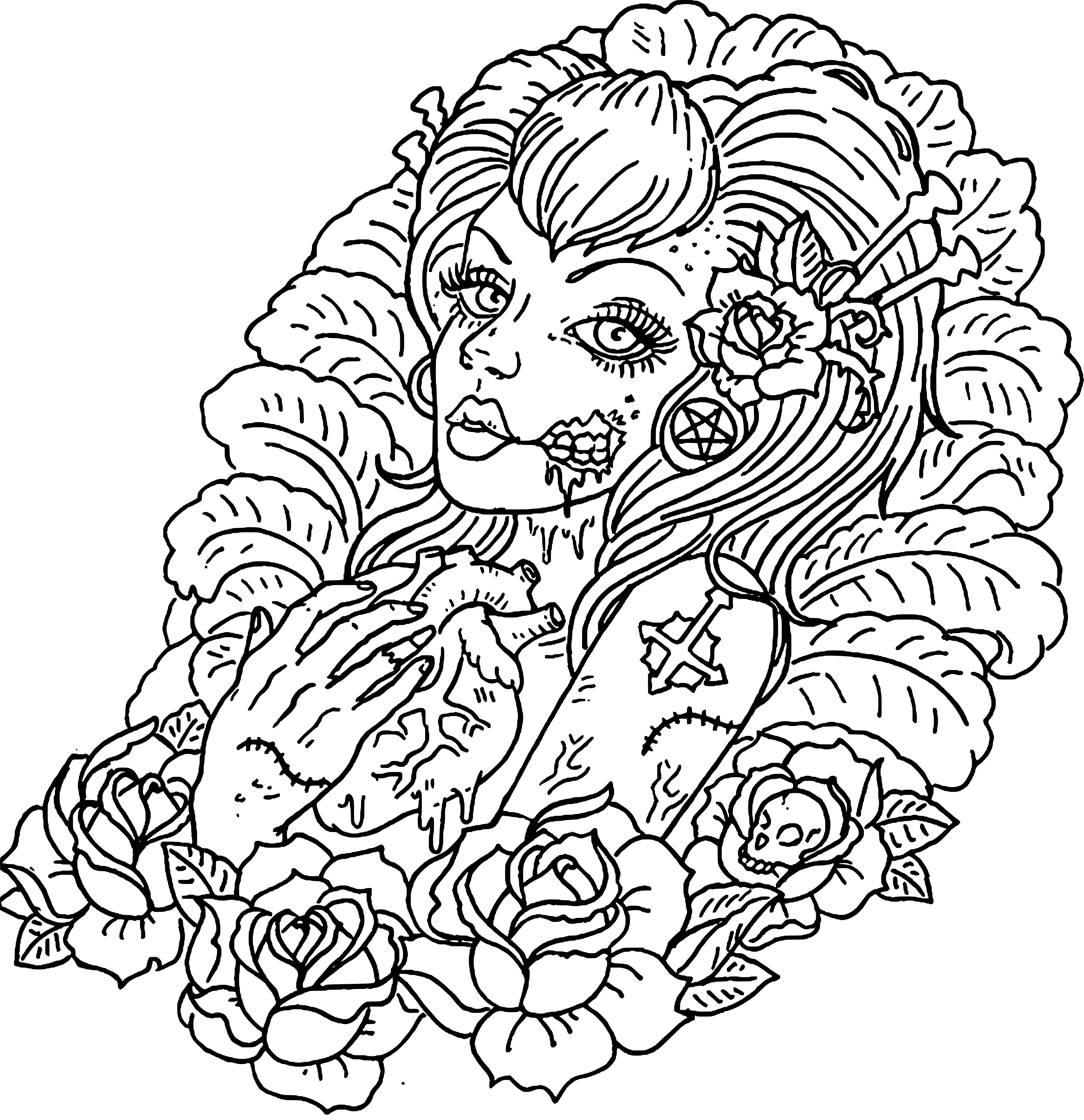 Coloriage Adulte Femme Squelette Enterre Gothique - Adulte à imprimer