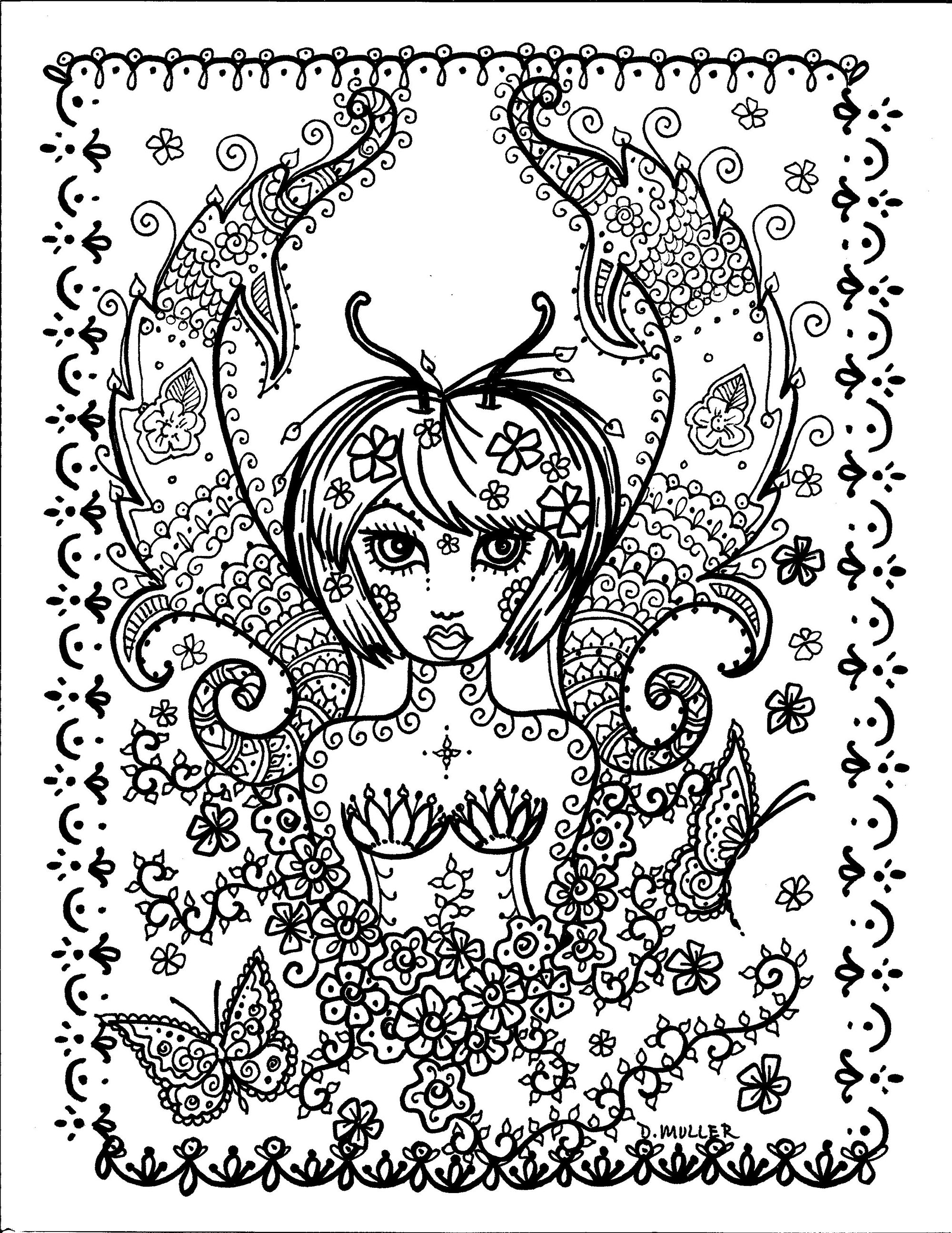 Coloriage Adulte Fille Papillon Par Deborah Muller - Adulte à imprimer