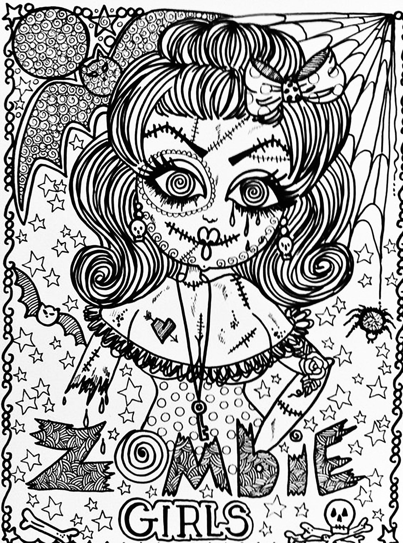 Coloriage Adulte Halloween Fille Zombie - Halloween adulte à imprimer