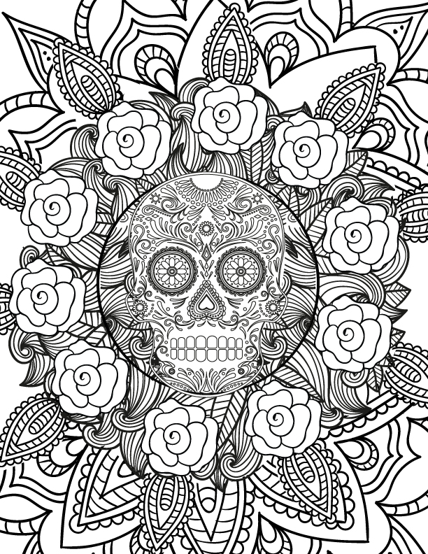 Coloriage Adulte Halloween Hard Squelette Flowers - Adulte à imprimer