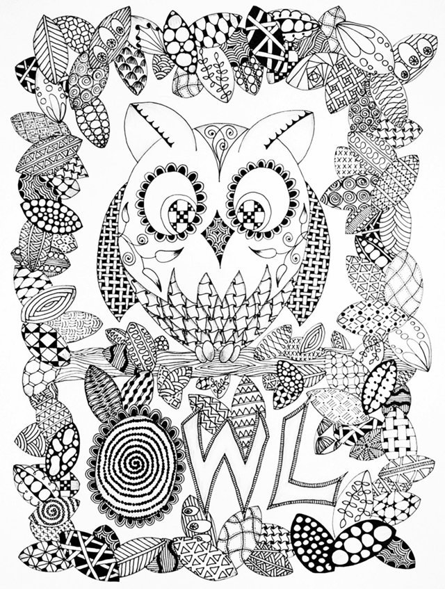 Coloriage Adulte Halloween Zentangle Hibou - Adulte à imprimer