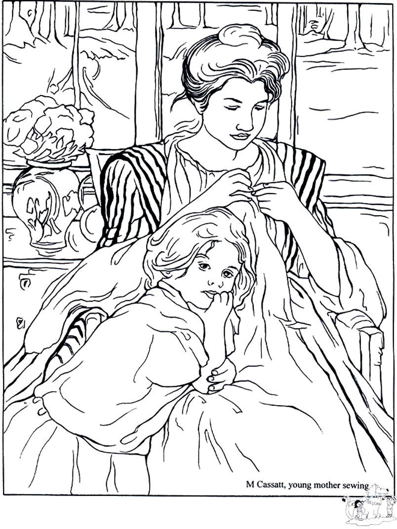Coloriage Adulte M Cassat Jeune Mère Cousant - Fête des mères à imprimer