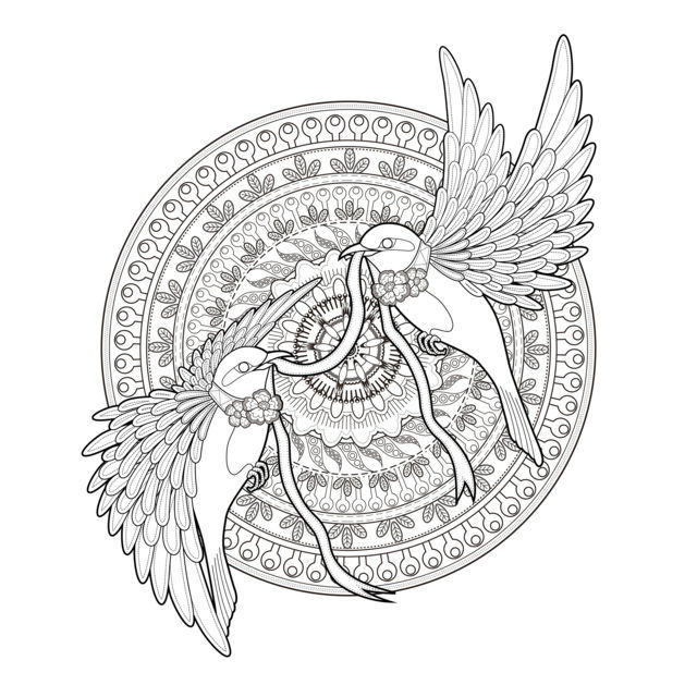 Coloriage Adulte Mandala Deux Hirondelles Et Un Ruban Par Kchung - Adulte à imprimer