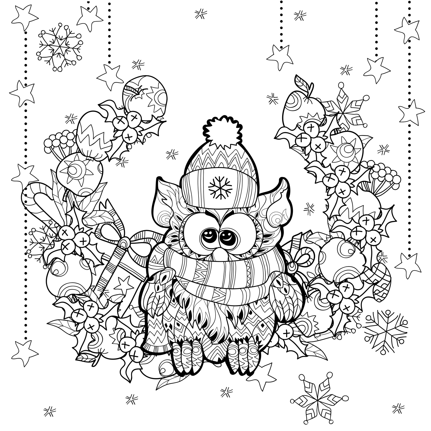 Coloriage Adulte Noël Chouette Hibou Paysage - Noël adulte à imprimer