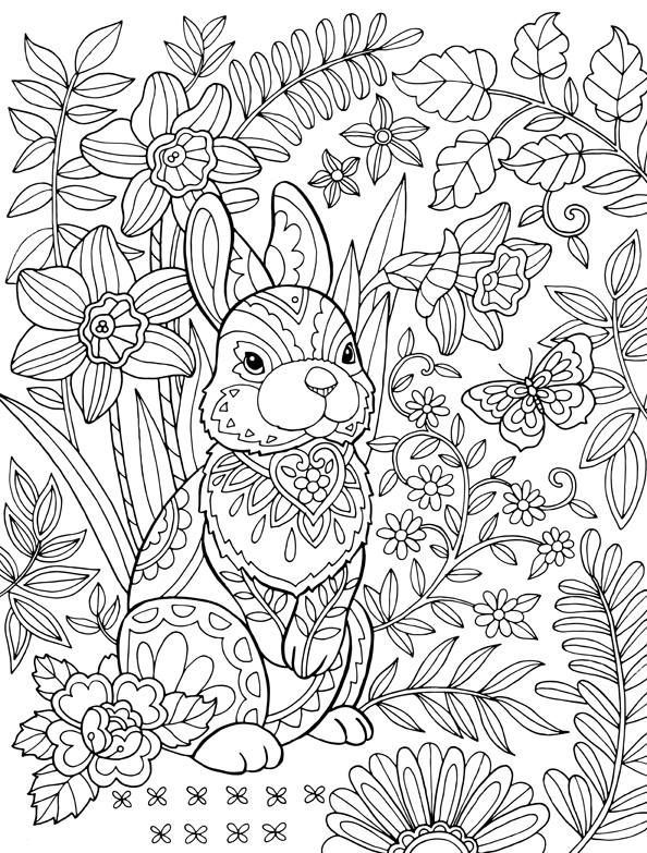 Coloriage Adulte Pâques Lapin Fleurs - Pâques adulte à imprimer
