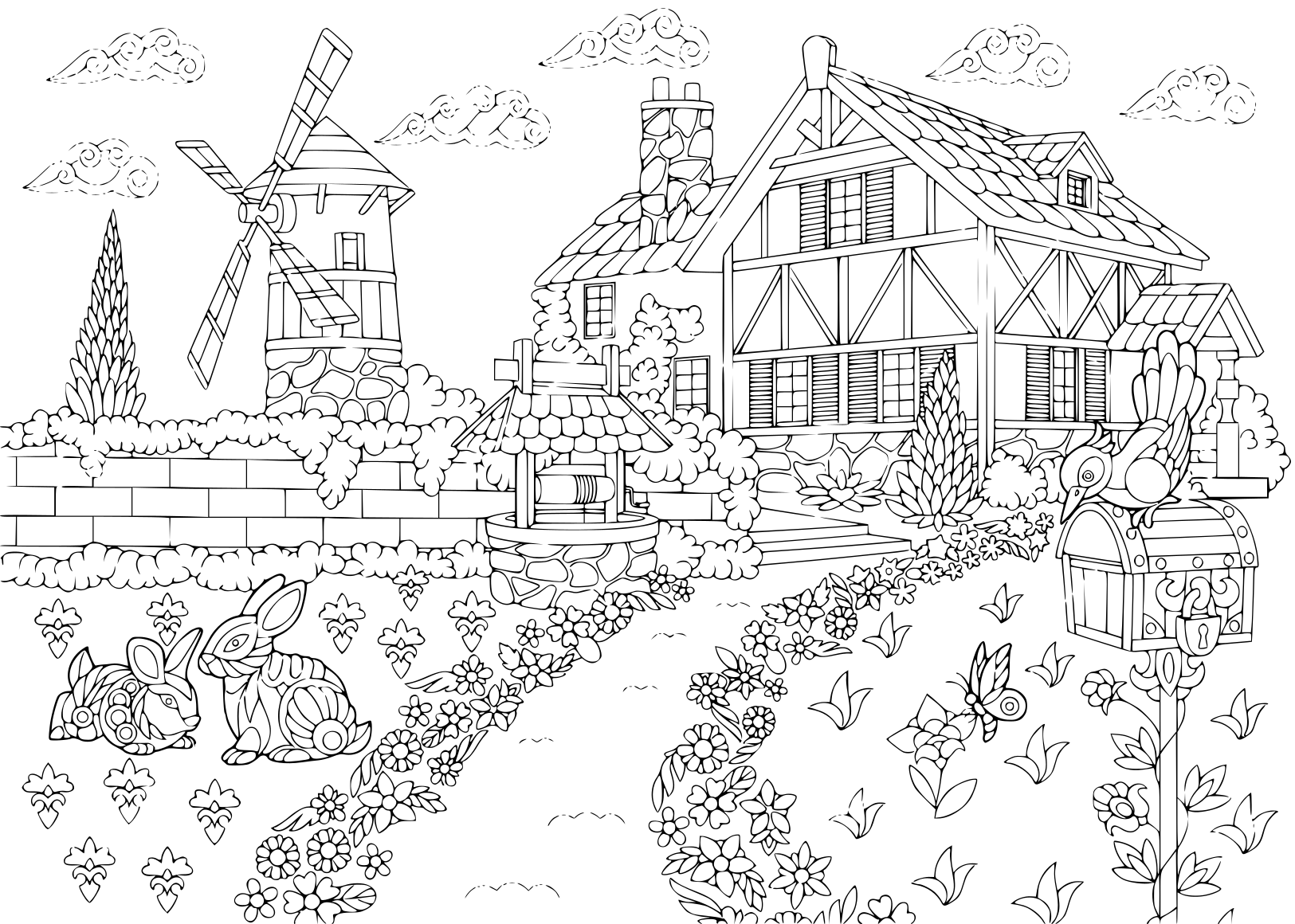 Coloriage Adulte Paysage Rural Ferme Moulin A Vent Puits D'Eau Boite Aux Lettres Lapins Et Oiseau Pic Cro - Adulte à imprimer