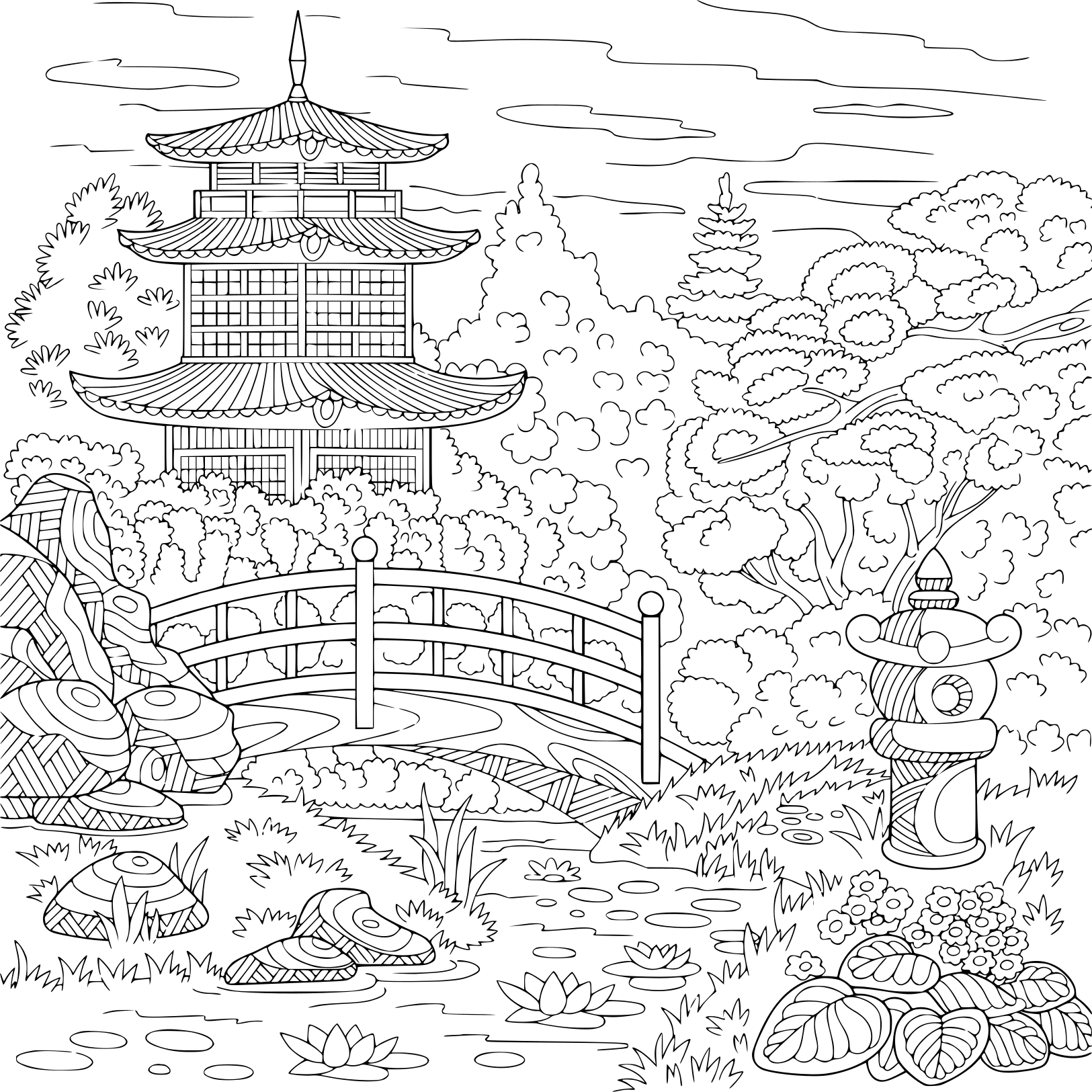 Coloriage Adulte Paysage Temple Oriental Japonais Tour Pagode Paysage Avec Des Arbres Lac Des Pierres - Adulte à imprimer