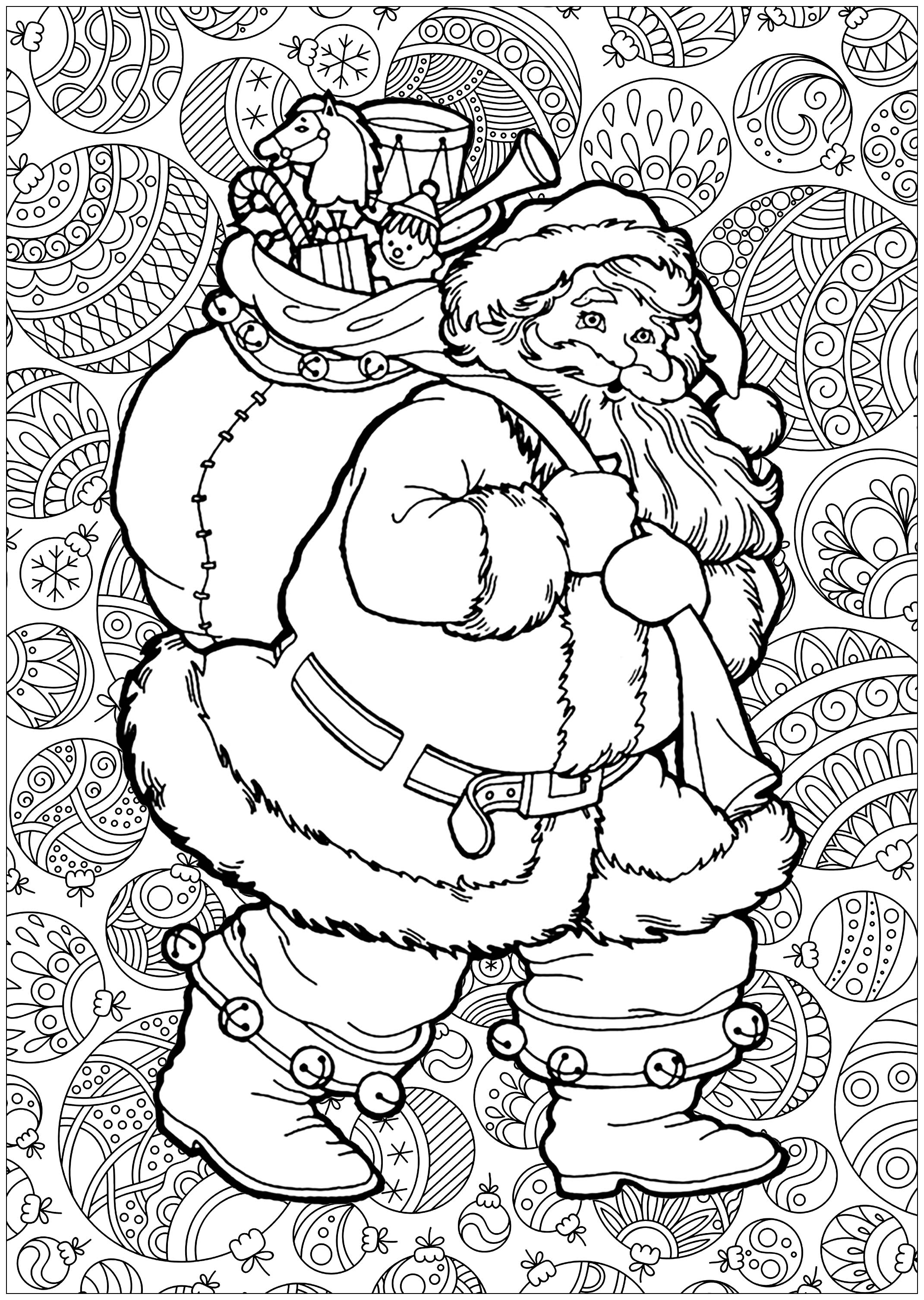 Coloriage Adulte Père Noël Avec Fond De Boules De Noël - Noël adulte à imprimer