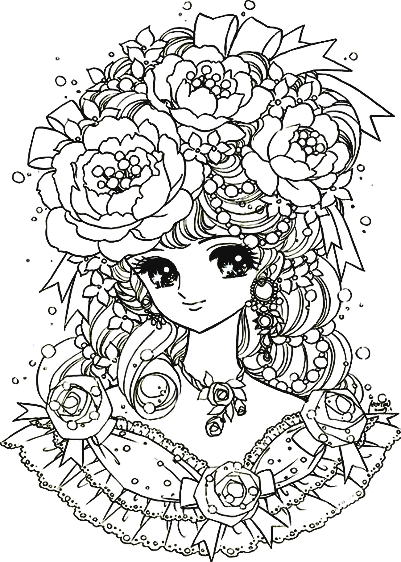 Coloriage Adulte Retour Enfance Fille Manga Fleurs - Manga à imprimer