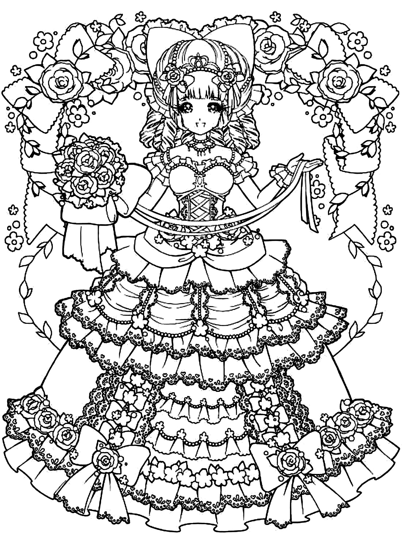 Coloriage Adulte Retour Enfance Fille Mangas Robe - Manga à imprimer