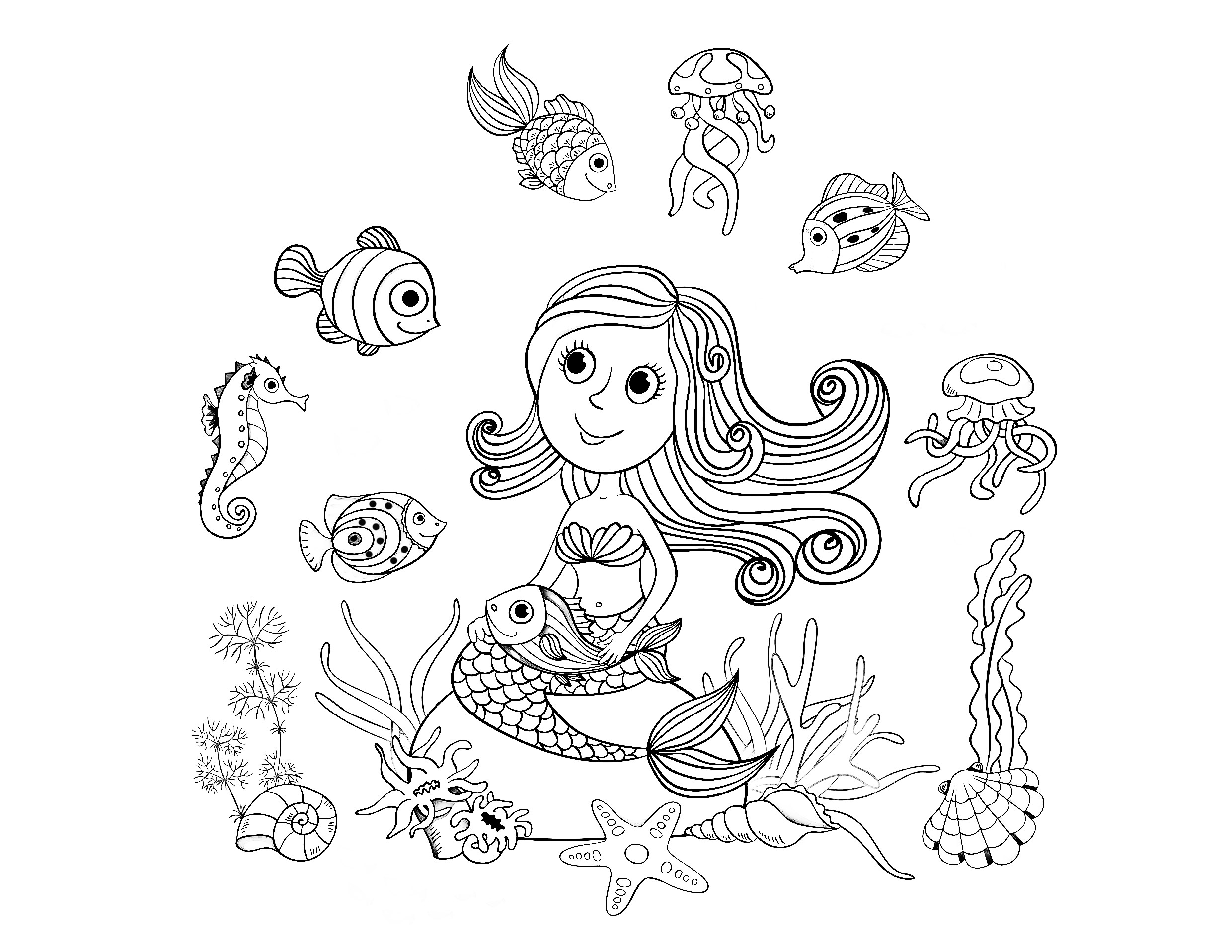 Coloriage Adulte Sirène Et Poissons Par Amalga - Poisson à imprimer