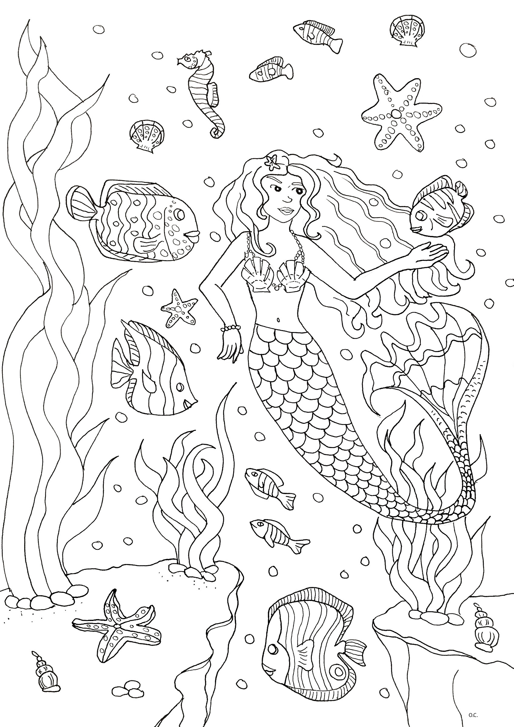 Coloriage Adulte Sirène Et Poissons - Sirène à imprimer