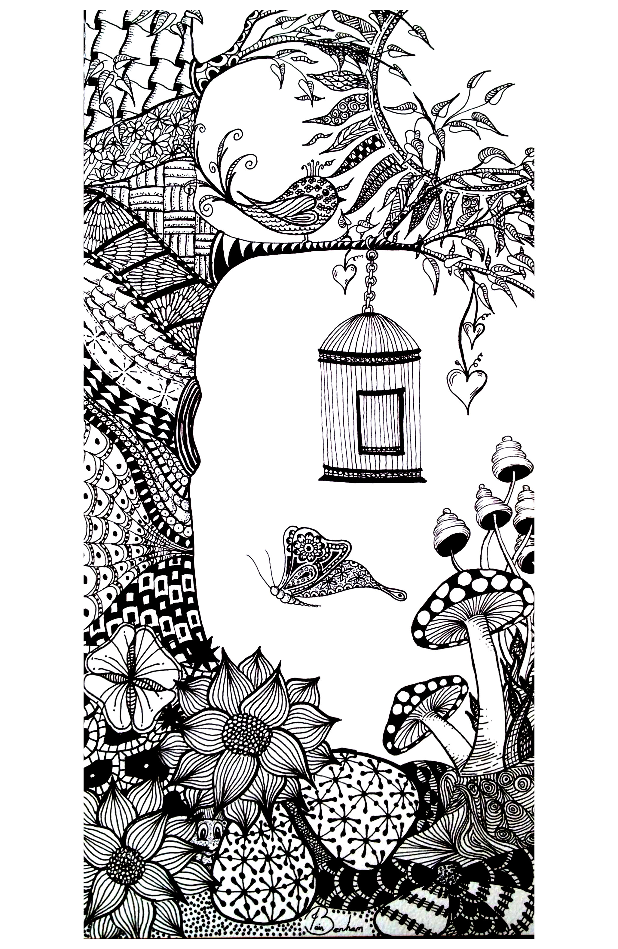 Coloriage Adulte Vegatation Papillon Oiseau - Papillon à imprimer