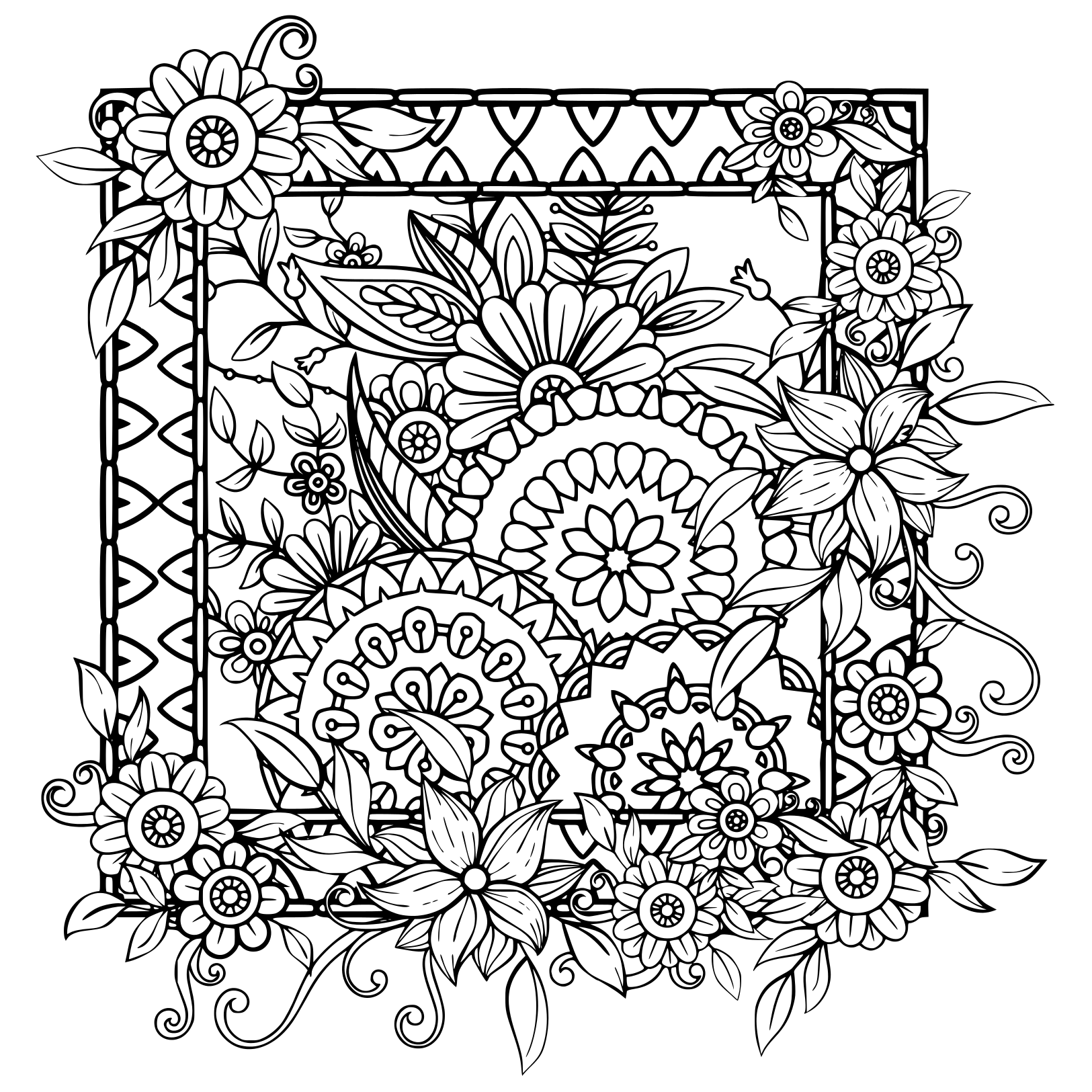 Coloriage Adultes Avec Des Fleurs Motif Noir Et Blanc Doodle Couronne Floral Mandala Bouquet Line - Adulte à imprimer