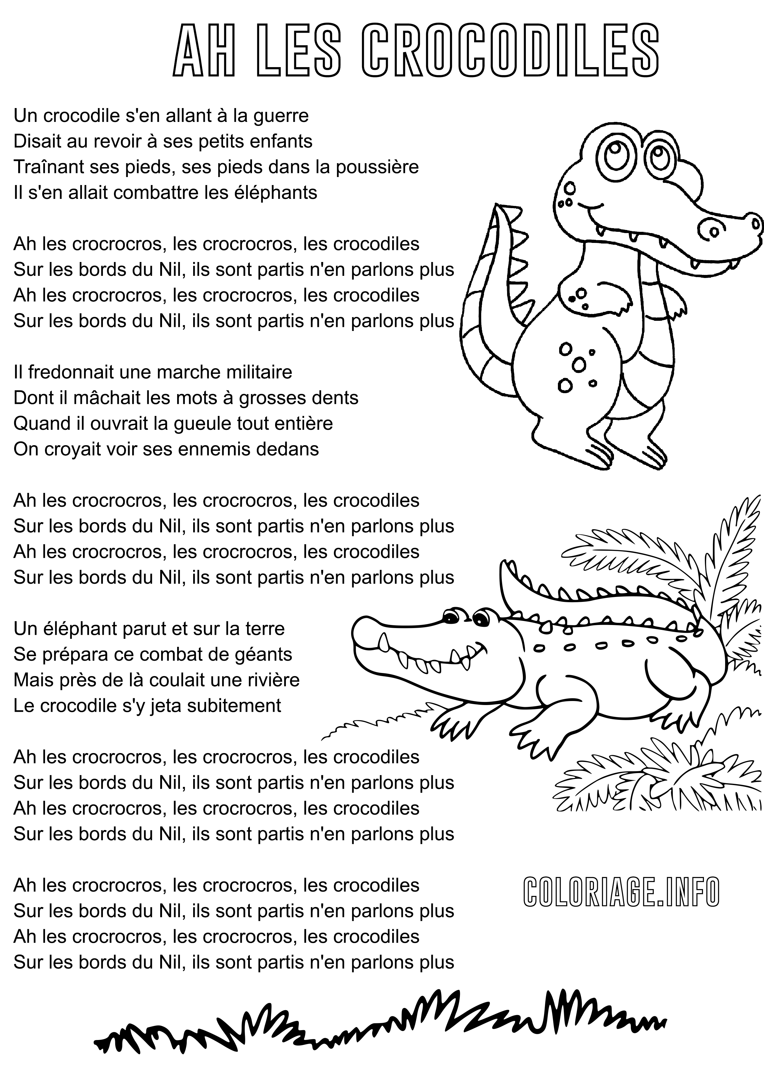 Coloriage Ah Les Crocodiles - Comptine à imprimer