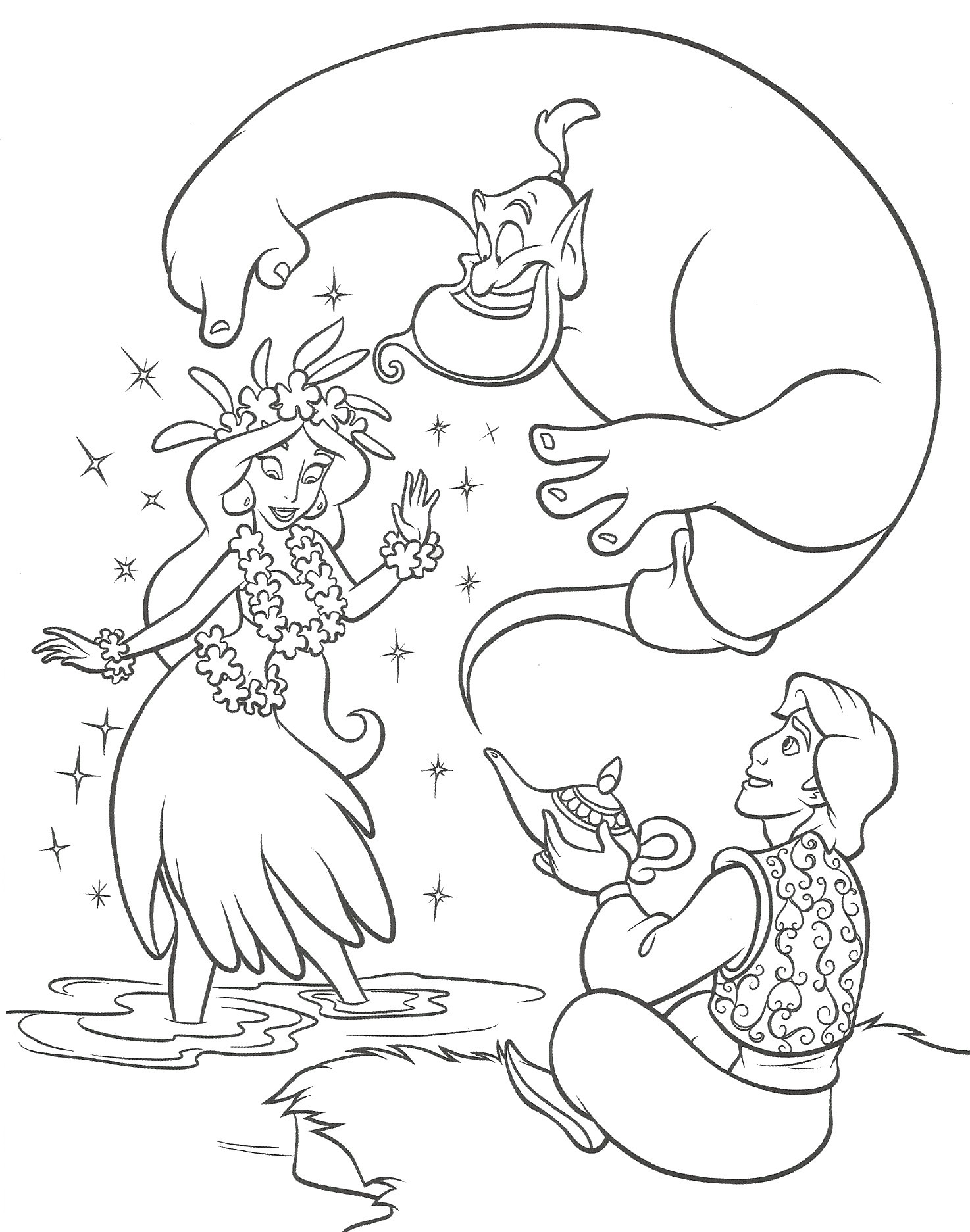 Coloriage Aladin Jasmine Et Génie - Aladdin à imprimer