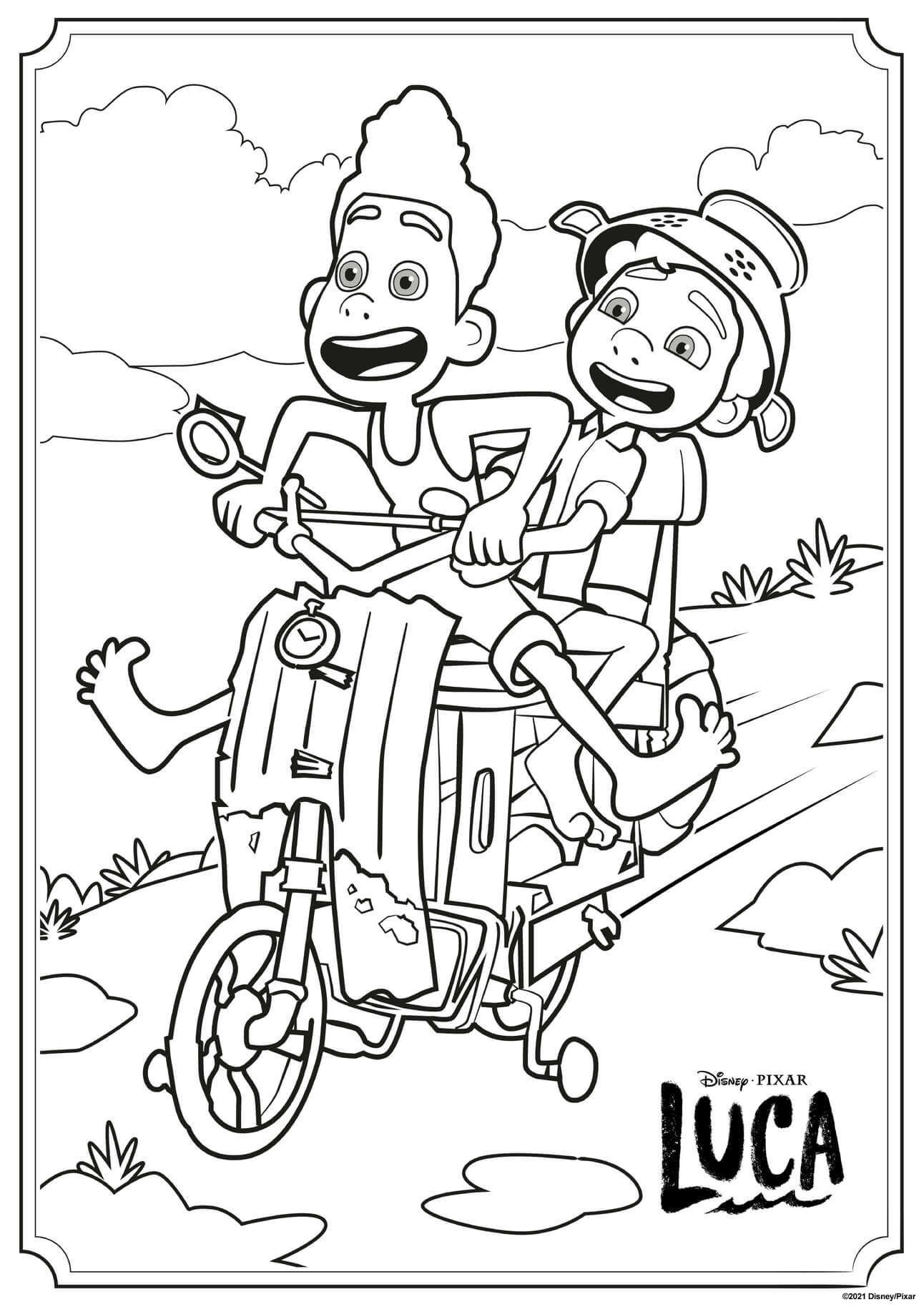Coloriage Alberto Et Luca Sur Une Moto En Pleine Vitesse - Luca de Disney Pixar à imprimer