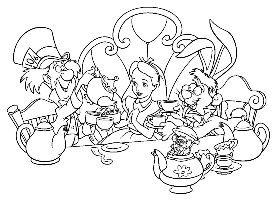 Coloriage Alice au Pays des Merveilles, fillette rêveuse - Alphabet disney à imprimer