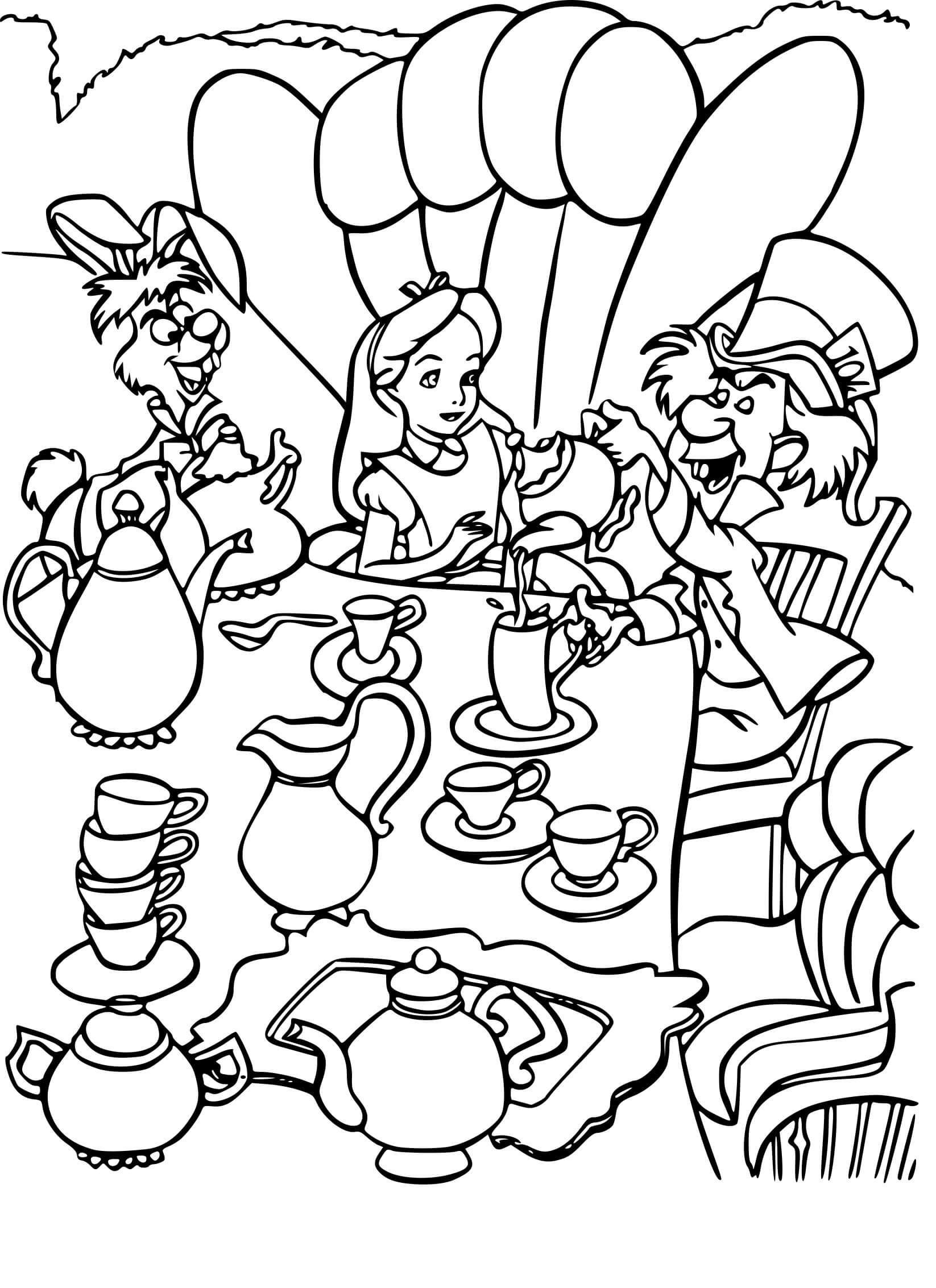 Coloriage Alice Boit Un Chocolat Chaud Avec Le Chapelier Fou - Alice au pays des merveilles à imprimer