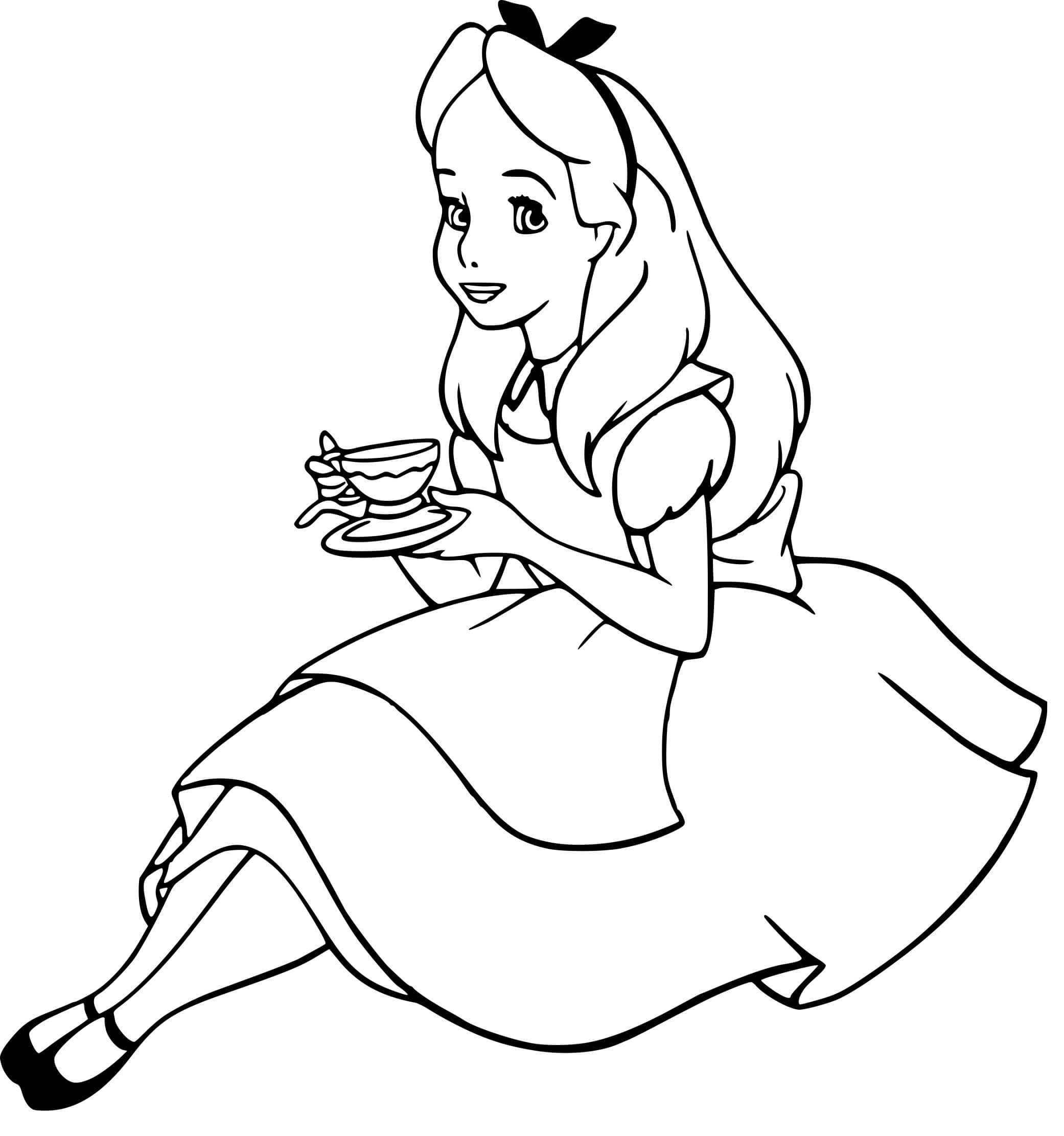 Coloriage Alice déguste un thé chaud - Alice au pays des merveilles à imprimer