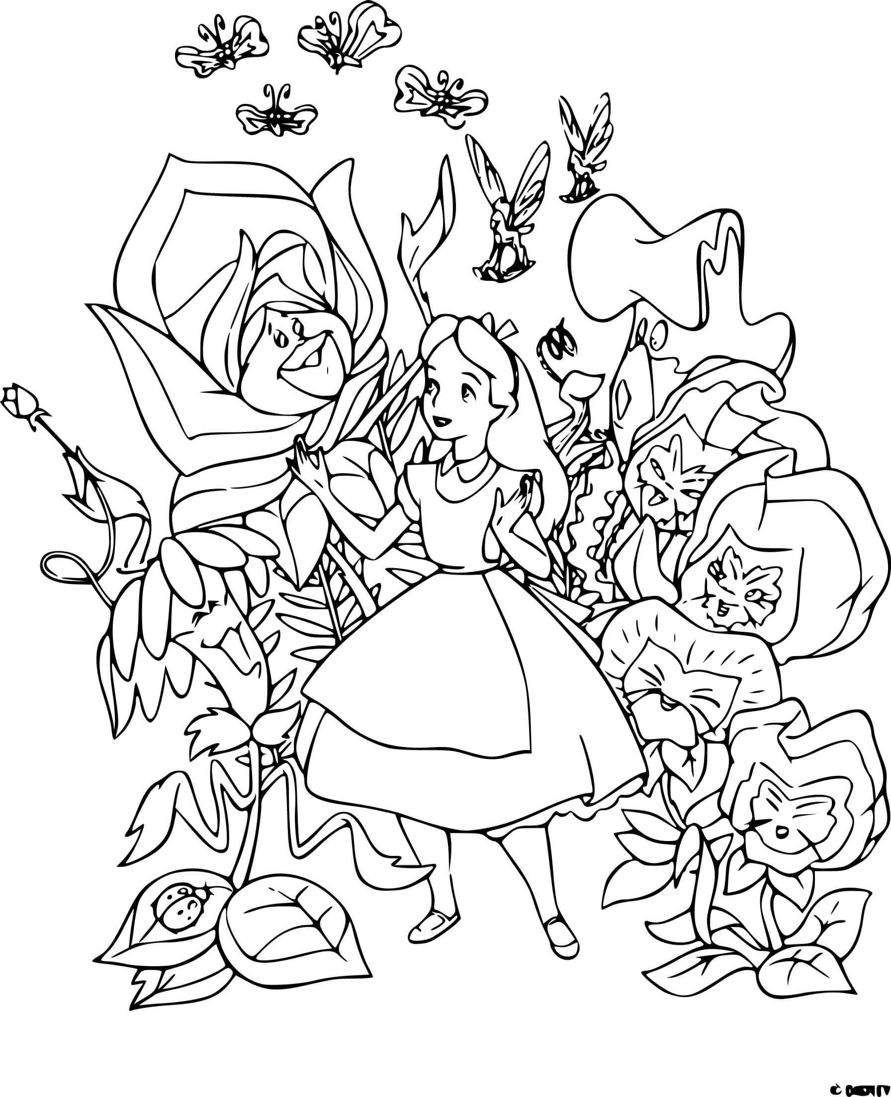 Coloriage Alice Rencontre Des Fleurs Qui Savent Parler - Alice au pays des merveilles à imprimer