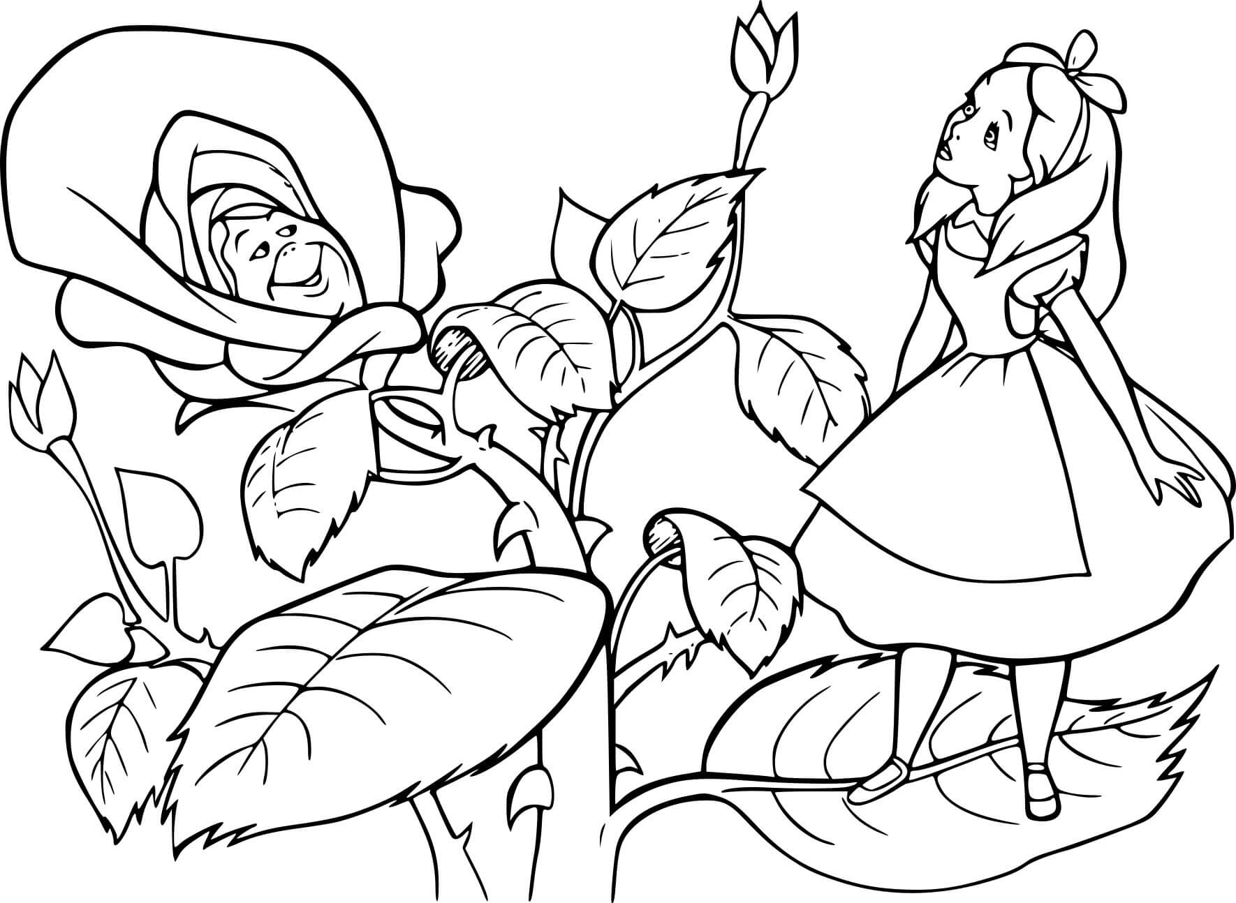Coloriage Alice Rencontre La Fleur Rose - Alice au pays des merveilles à imprimer