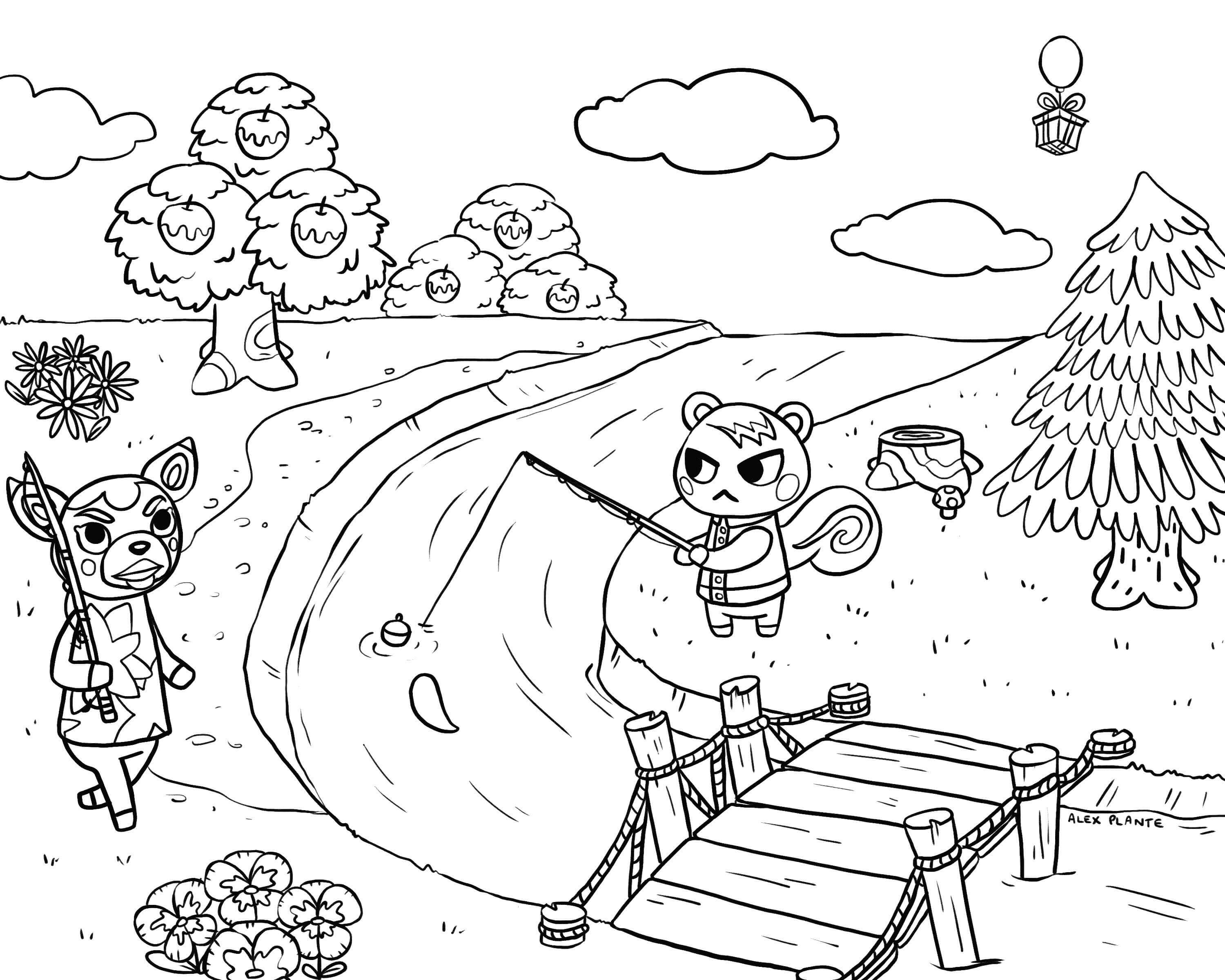 Coloriage Animal Crossing Village Fishing - Animal crossing à imprimer