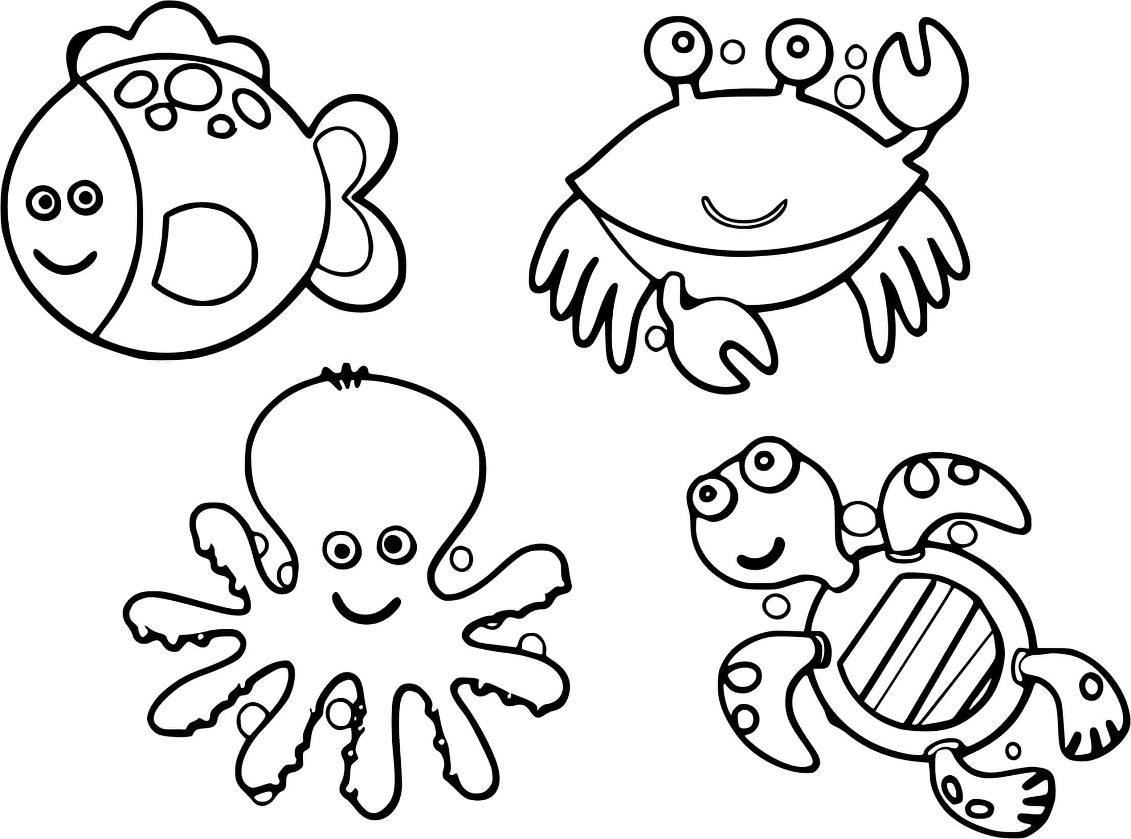 Coloriage Animaux Aquatique Poisson Crabe Tortue Pieuvre - Animaux de la mer à imprimer