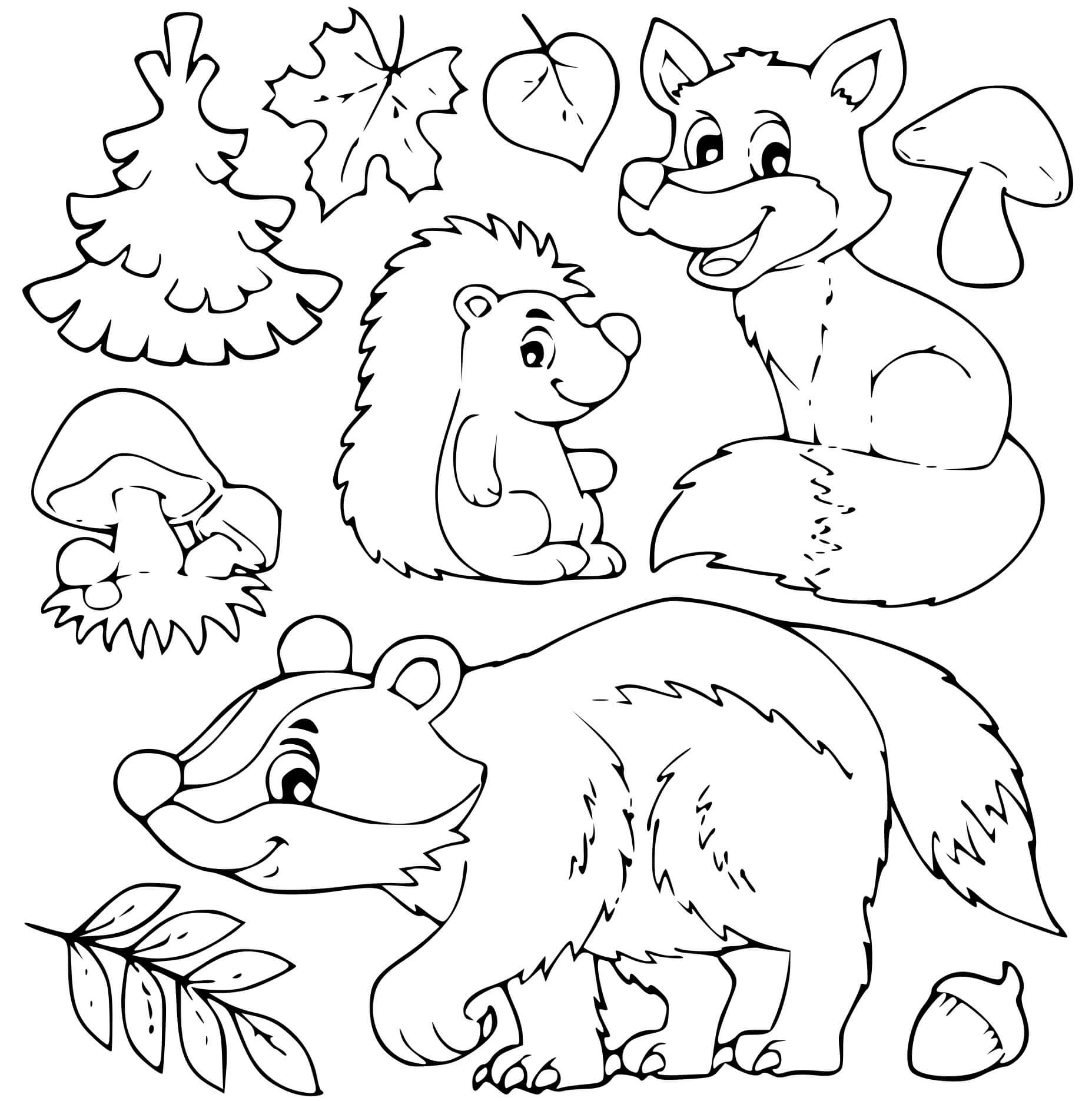 Coloriage Animaux Automne Hérisson Feuilles Champignons - Automne à imprimer