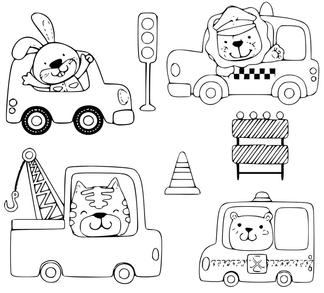 Coloriage Animaux Conduisant Véhicules Taxi Moto Ambulance Construction - Voiture à imprimer